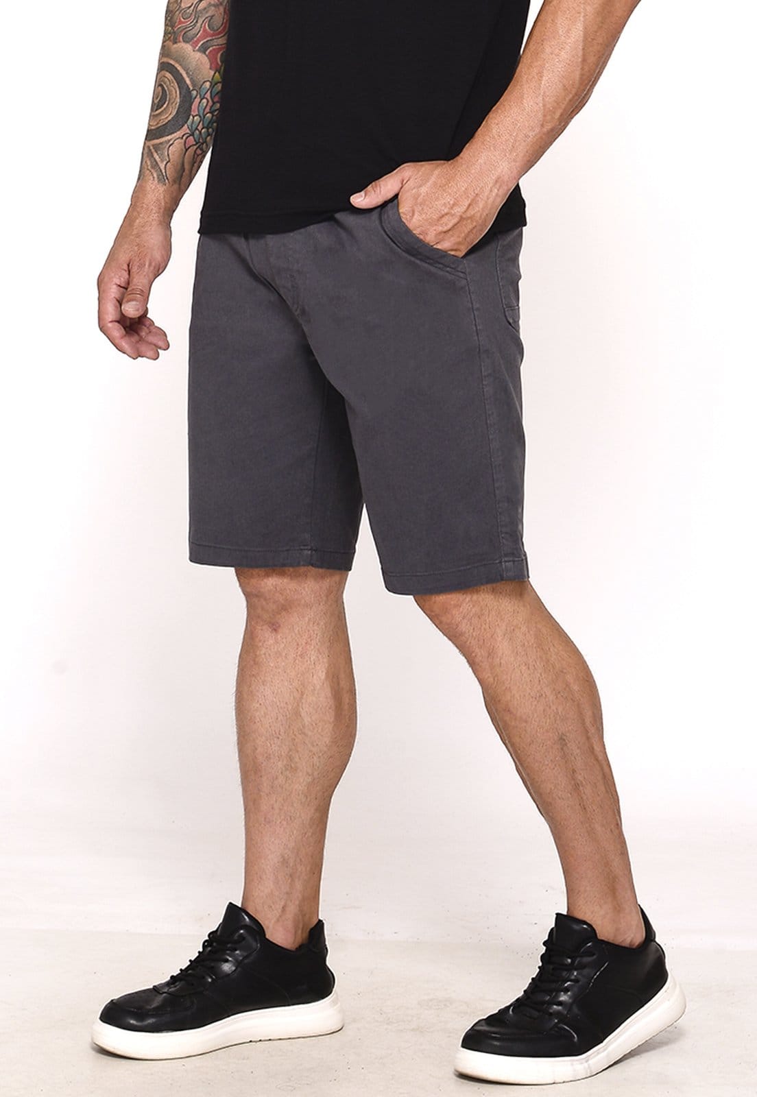 Bermuda Masculina Sarja Cós Elástico Casual Confortável Estilo Urbano Cinza Escuro