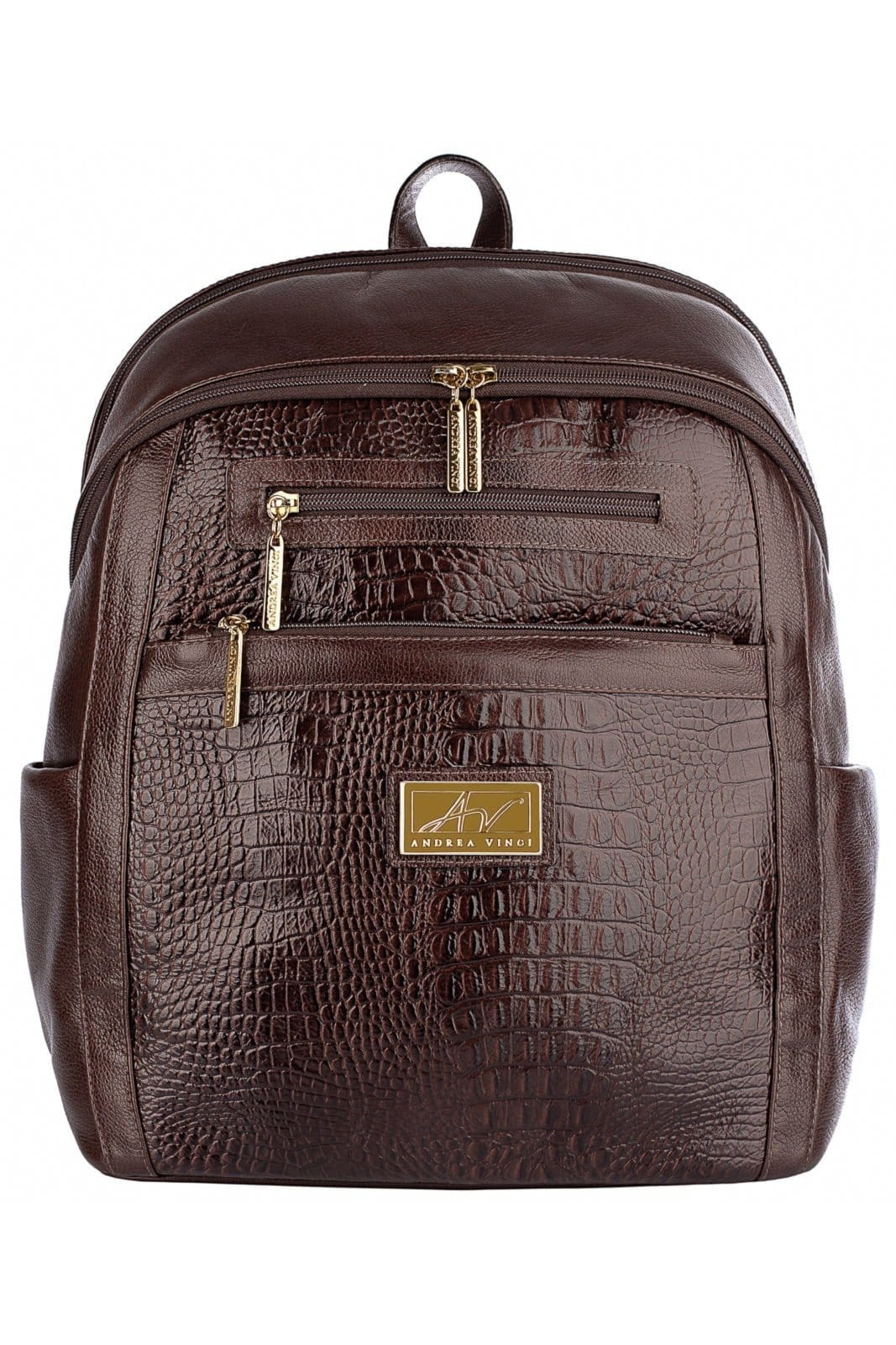 Vista principal Mochila Andrea Vinci Grande De Couro Croco Marcela - Café Andrea Vinci vermelho