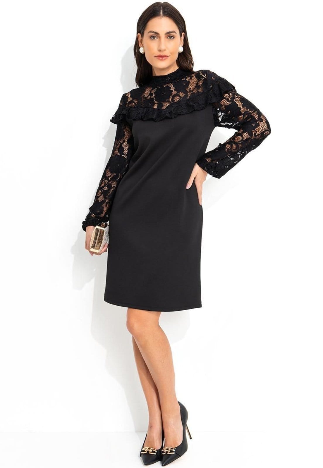 Vista 2 Vestido Em Malha Ponto Roma Sarjado Quintess preto