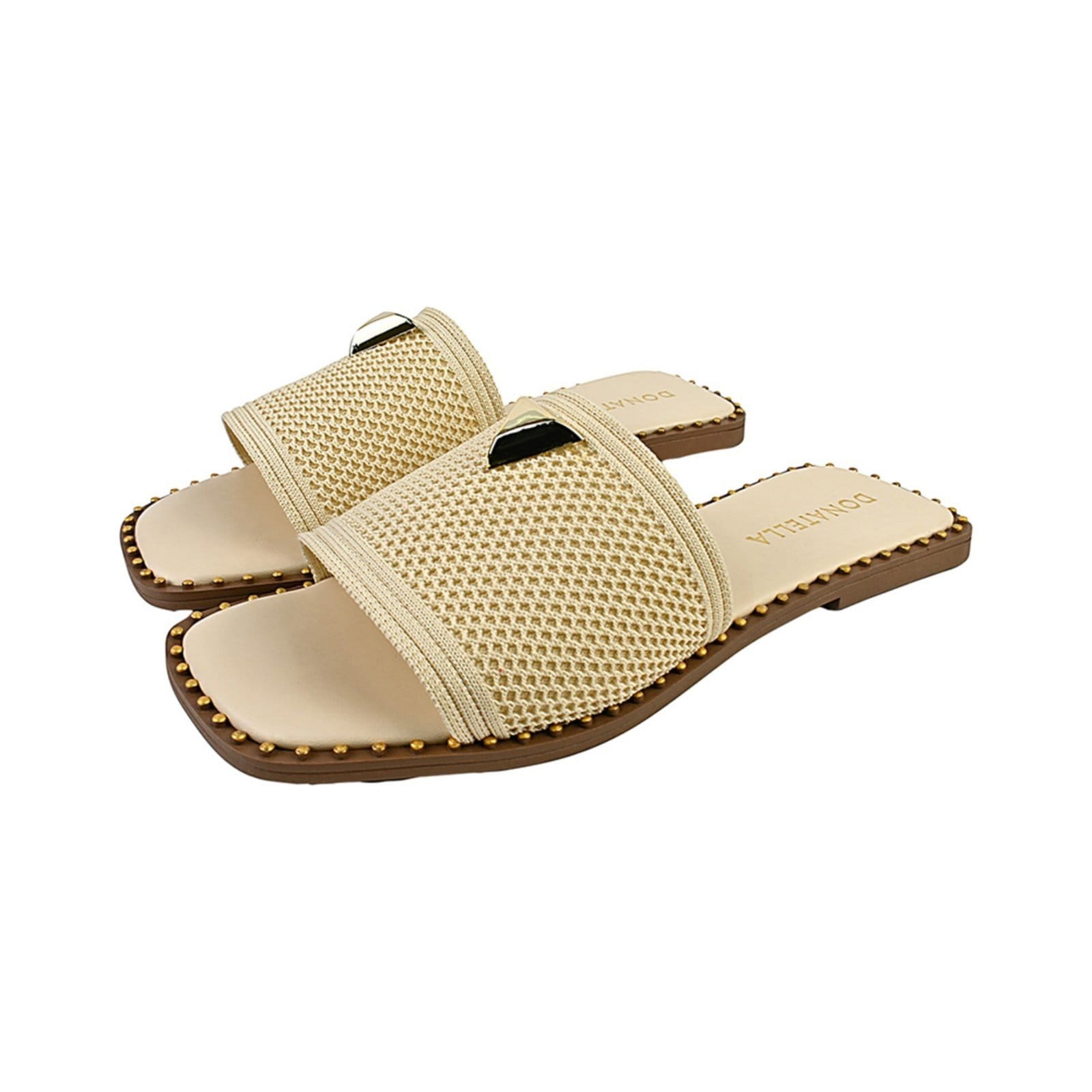 Vista principal Rasteira Feminina Chinelo Rasteirinha Bico Quadrado Donatella Shoes Tecido Juta Macia Pingente Metálico Off White Monte Shoes off-white white