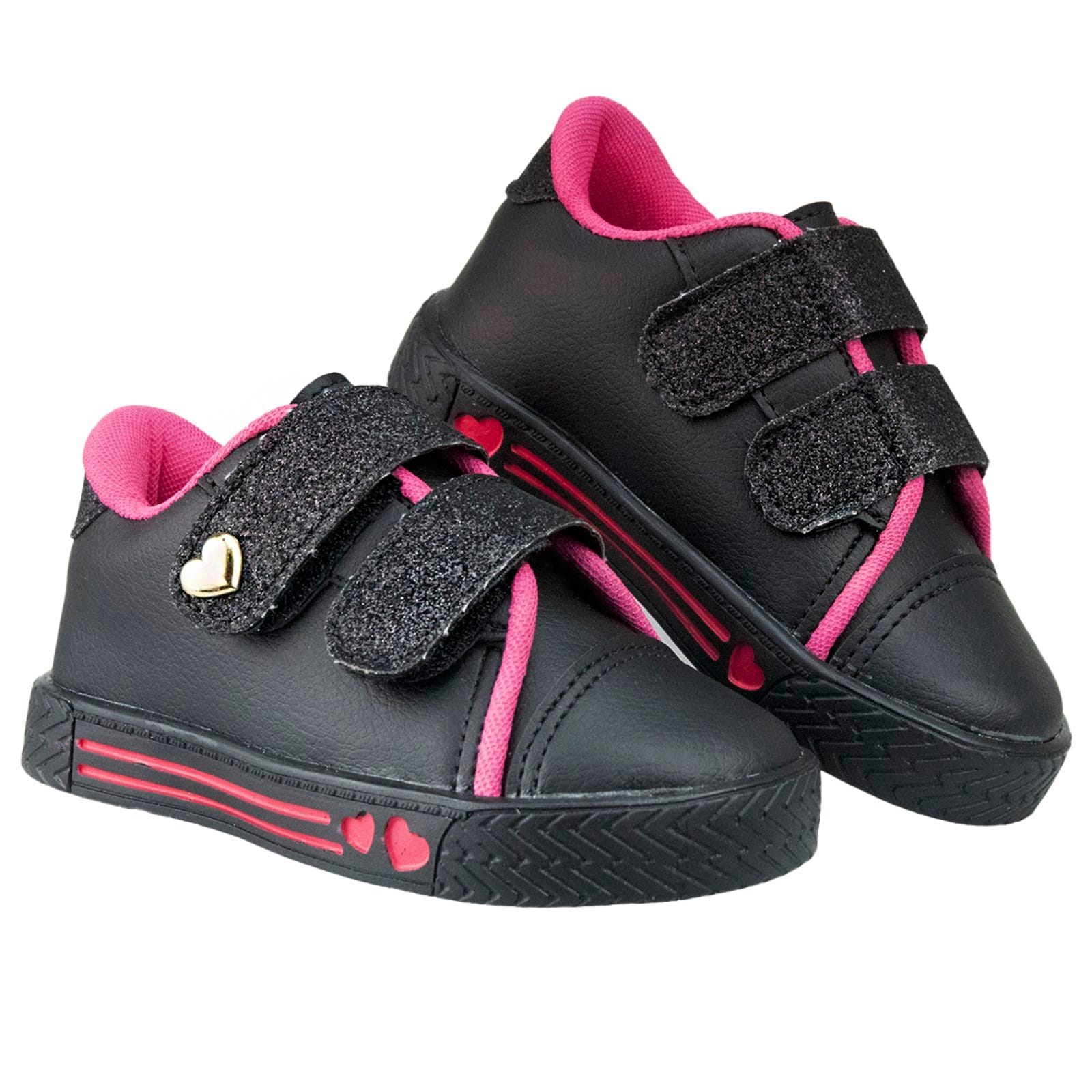 Vista 2 Infantil - Tênis Menina Kith Casual Preto/Pink Detalhe Dourado Coração Delicada Volta as Aulas Confortável Kiath preto pink
