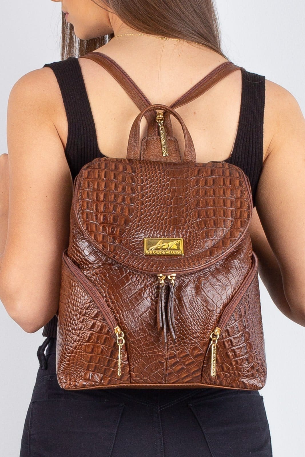 Vista principal Mochila pequena de couro croco Cecília - Whisky Andrea Vinci café