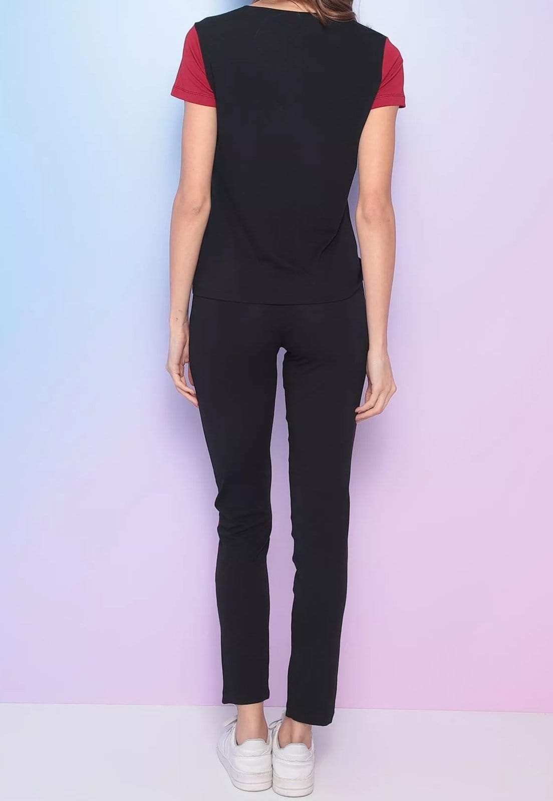 Vista 2 Conjunto Maria Paes Calça e Blusa Preto e Mescla Maria Paes vermelho