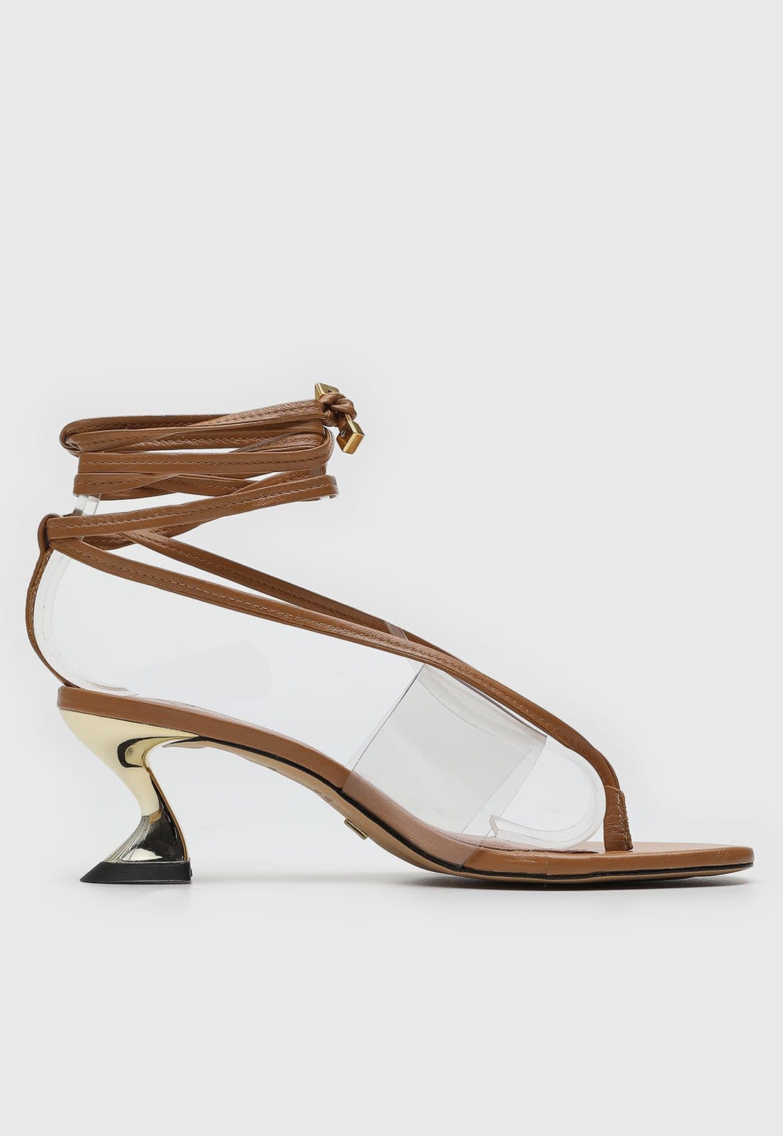 Vista 2 Sandália Feminina Vicenza Salto Médio Geométrico Amarração e Dourado Vicenza marrom