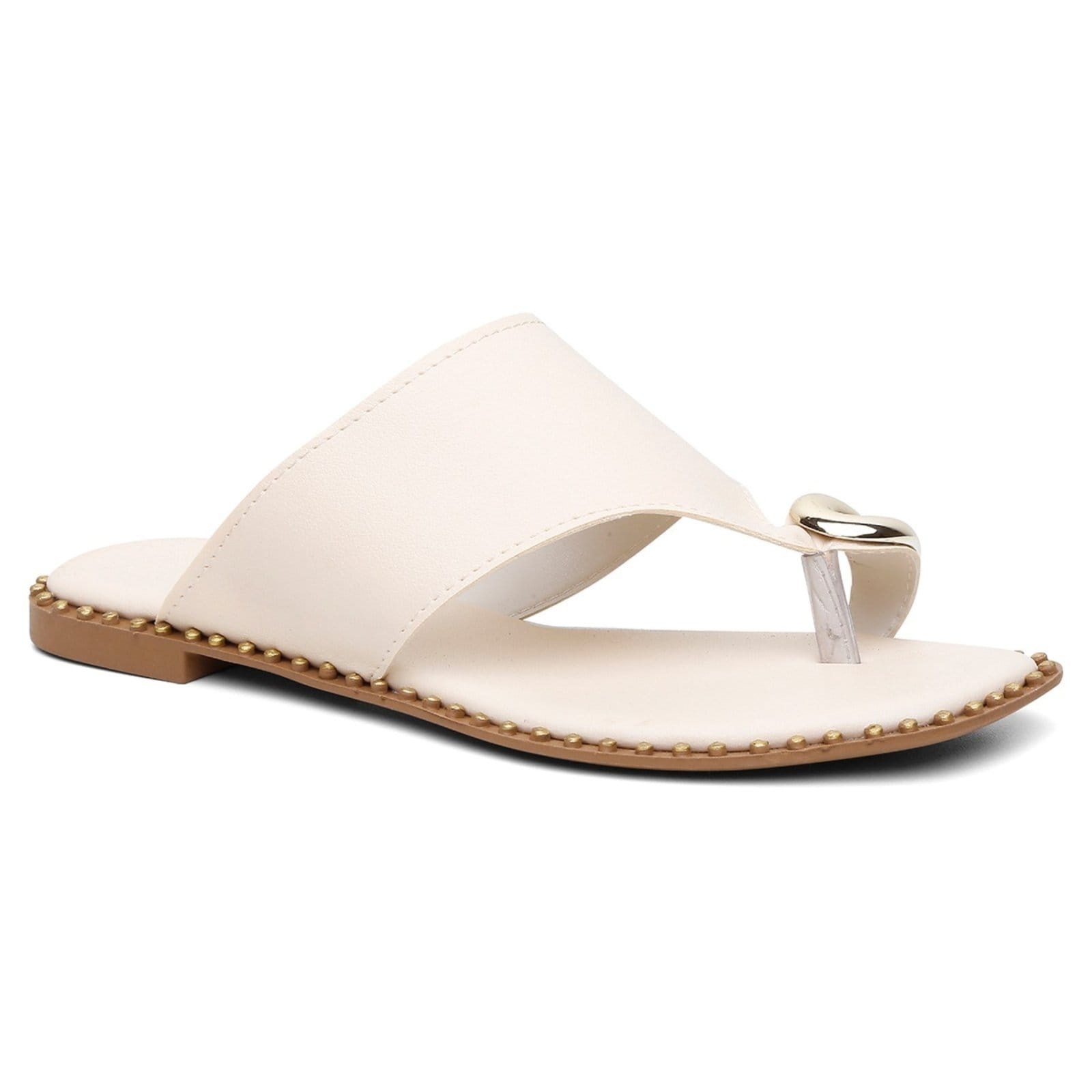 Sandália Feminina Rasteira Off White Anel Dourado