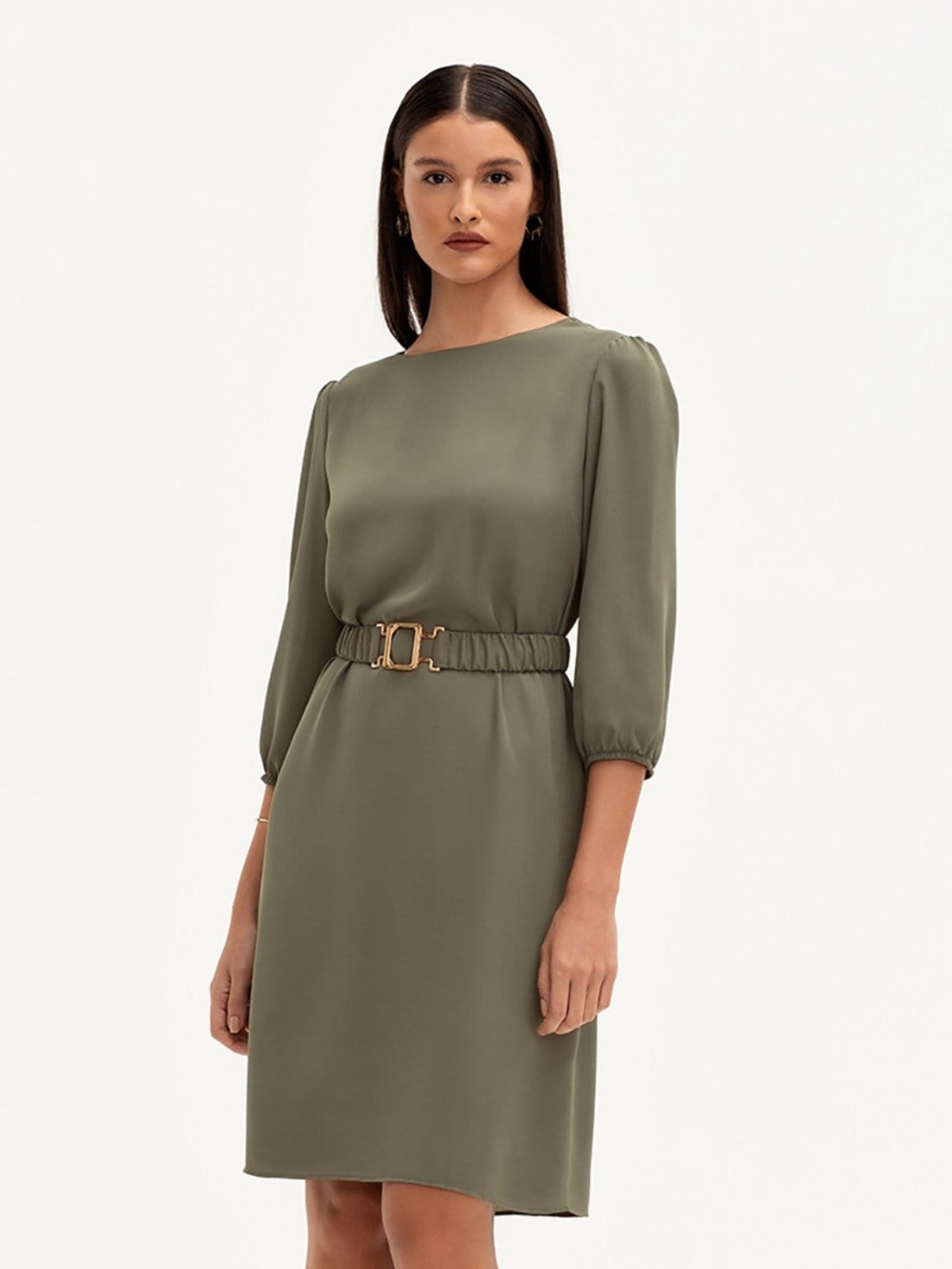 Vestido Clássico com Cinto e Fivela Dourada Oliva Vilmara