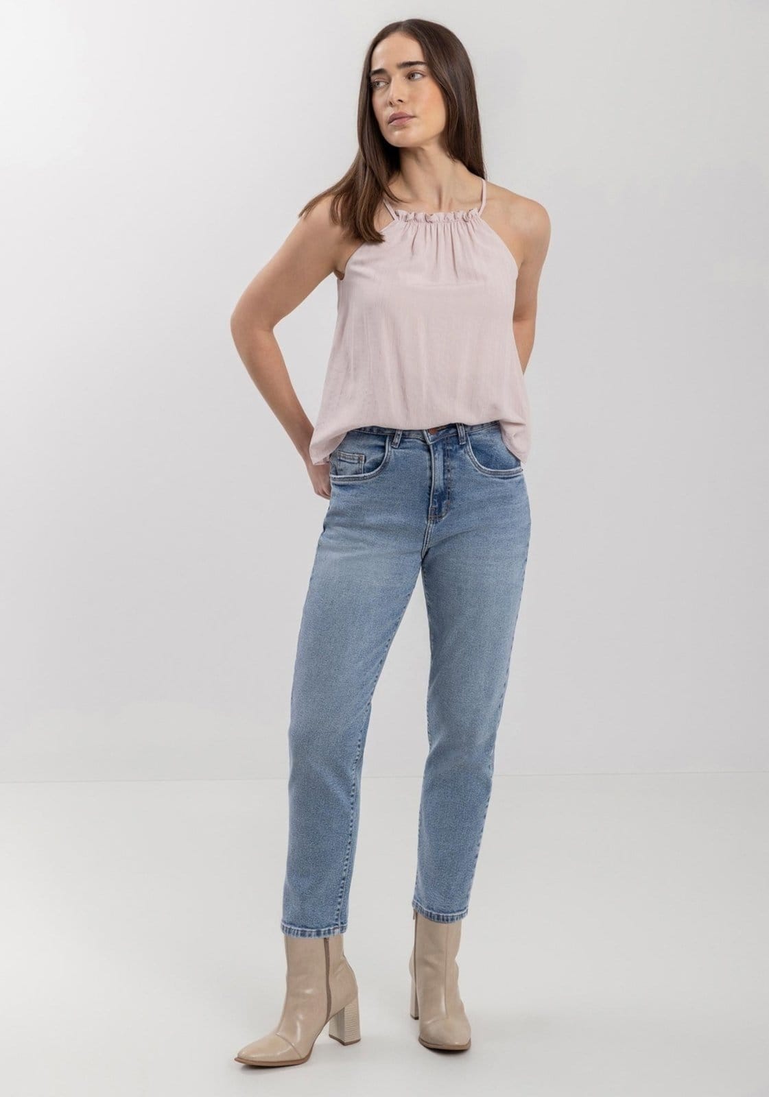 Vista 2 Calça Lez a Lez Mom Jeans Com Cintura Alta E Comprimento Curto Lez a Lez azul