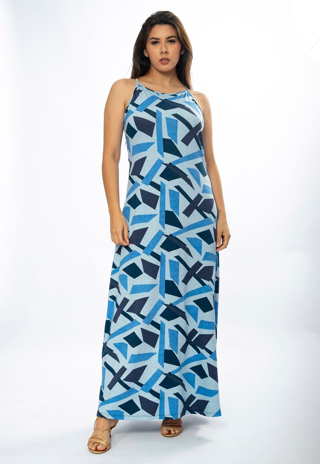 Vista principal Vestido Longo Amazônia Vital Malha Trapézio Estampa Caminhos de Azul Amazonia Vital azul marinho