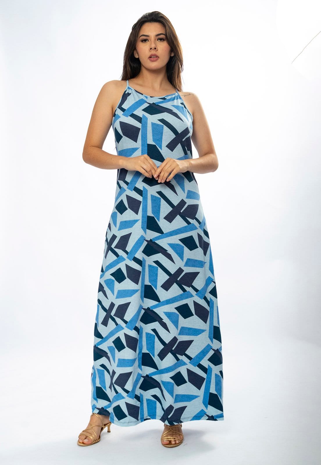 Vista 2 Vestido Longo Amazônia Vital Malha Trapézio Estampa Caminhos de Azul Amazonia Vital azul marinho