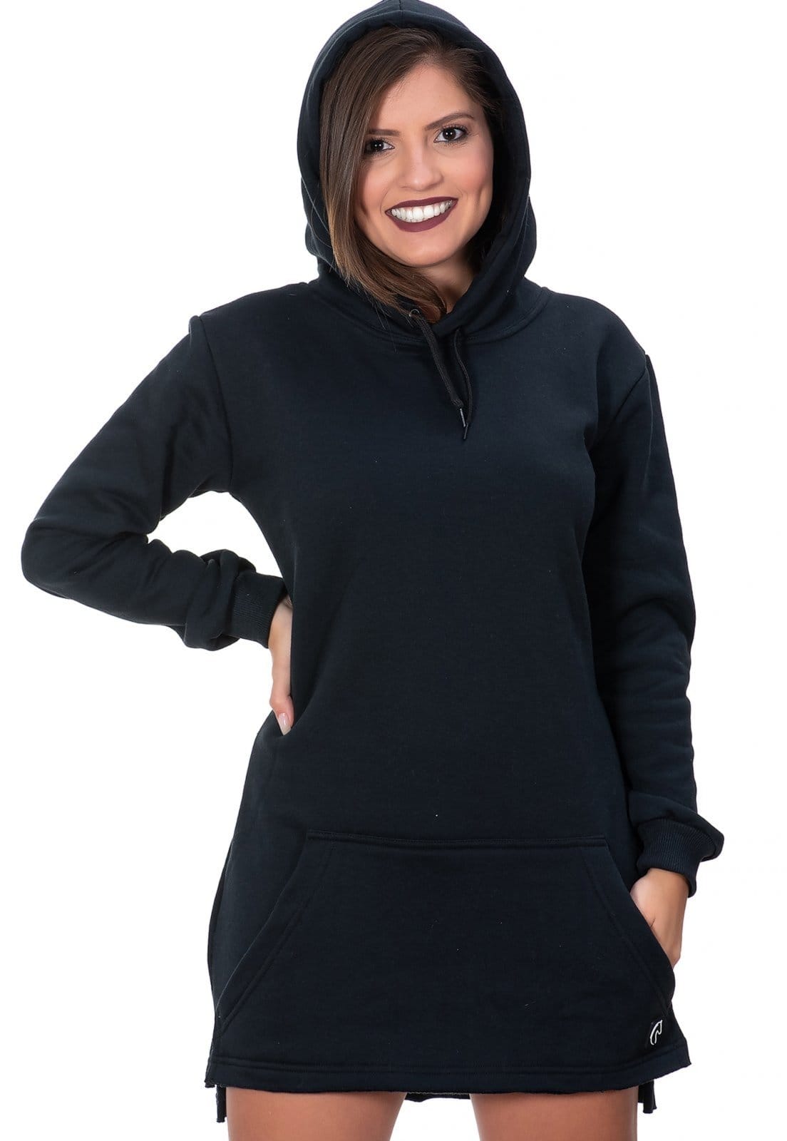 Vista principal Vestido de Moletom Curto Moletinho Liso Manga Longa Com Capuz e Bolso Canguru Confortável W2 STORE preto