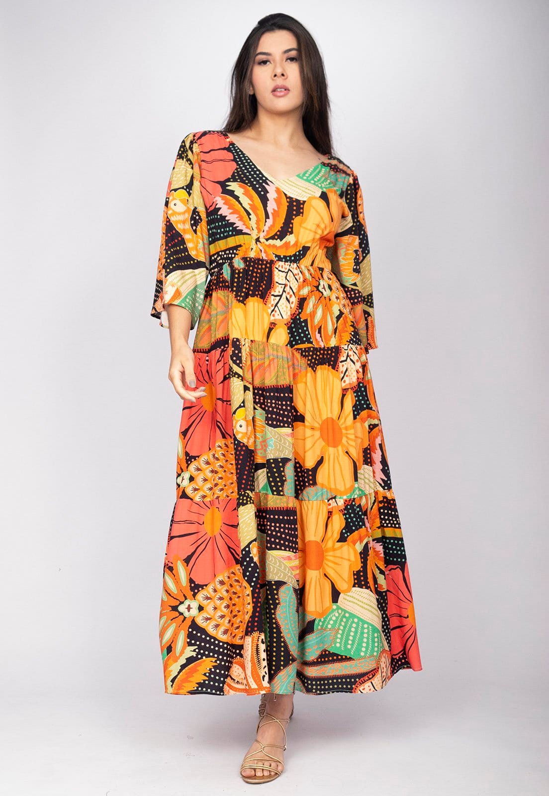 Vista 2 Vestido Longo Amazonia Vital Plano com Manga e Camadas Estampa Jardim do Verão Amazonia Vital azul/coral/estampado/rosa/rosê/vermelho