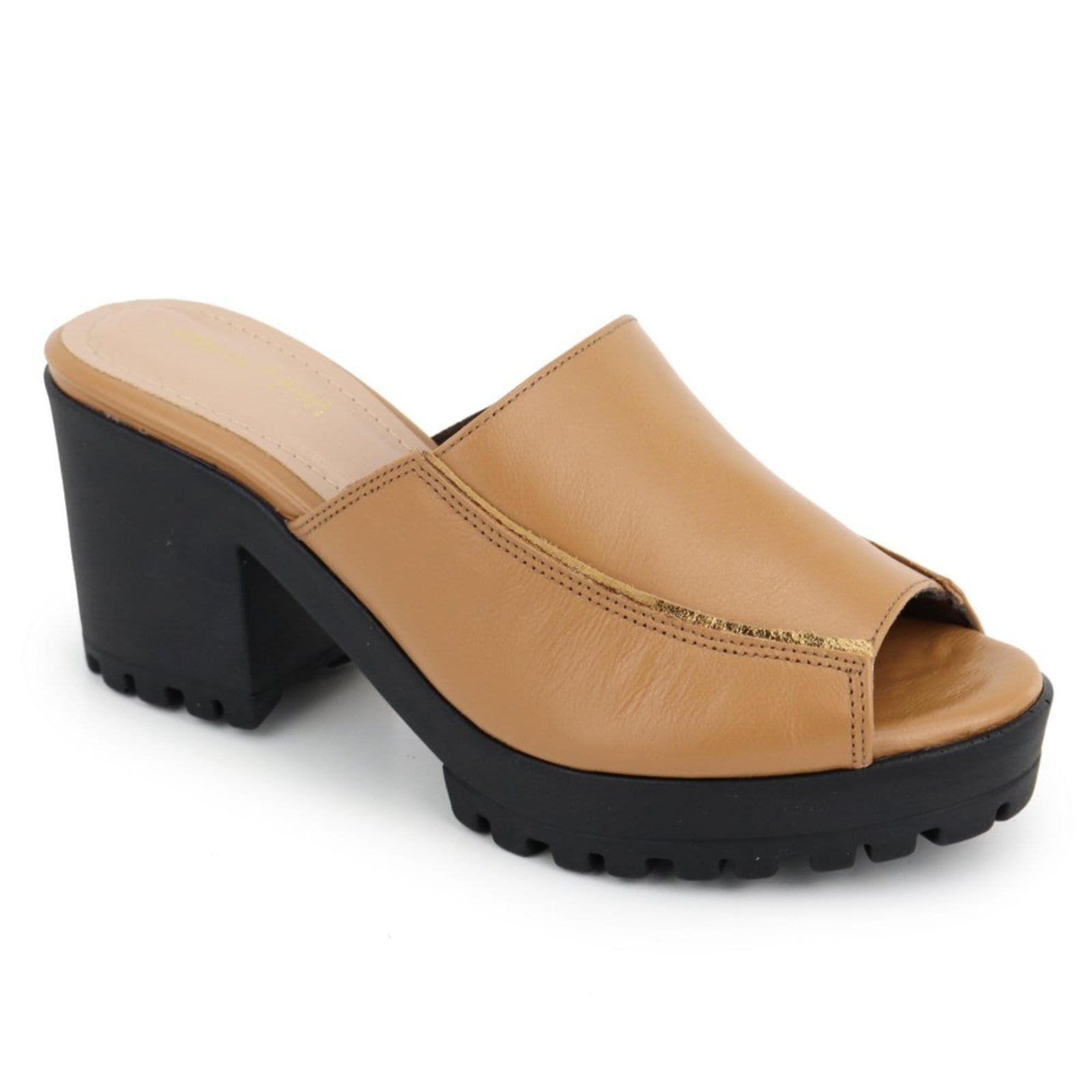 Vista 2 Tamanco Feminino Salto Bloco Tratorada em Couro Maria Paula Coconut MARIA PAULA caramelo