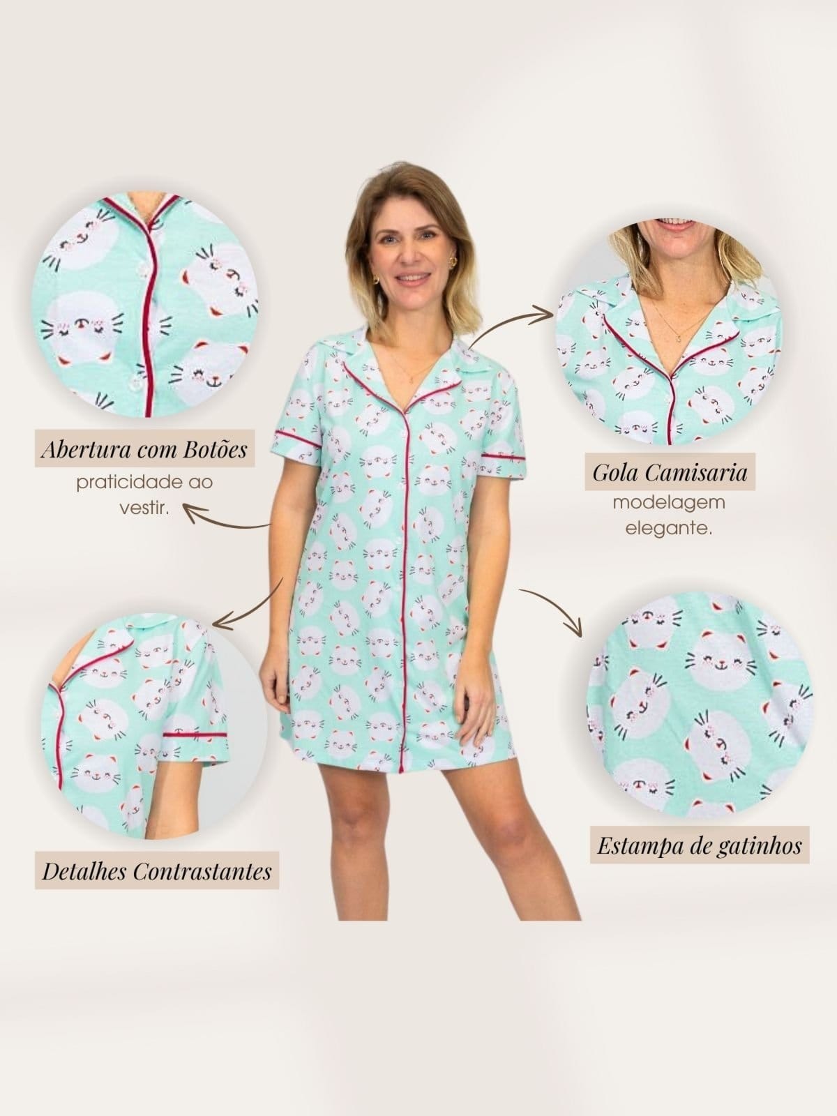 Vista 2 Camisola Piante Algodão Feminina Americana Manga Curta Gatinhos Piante verde