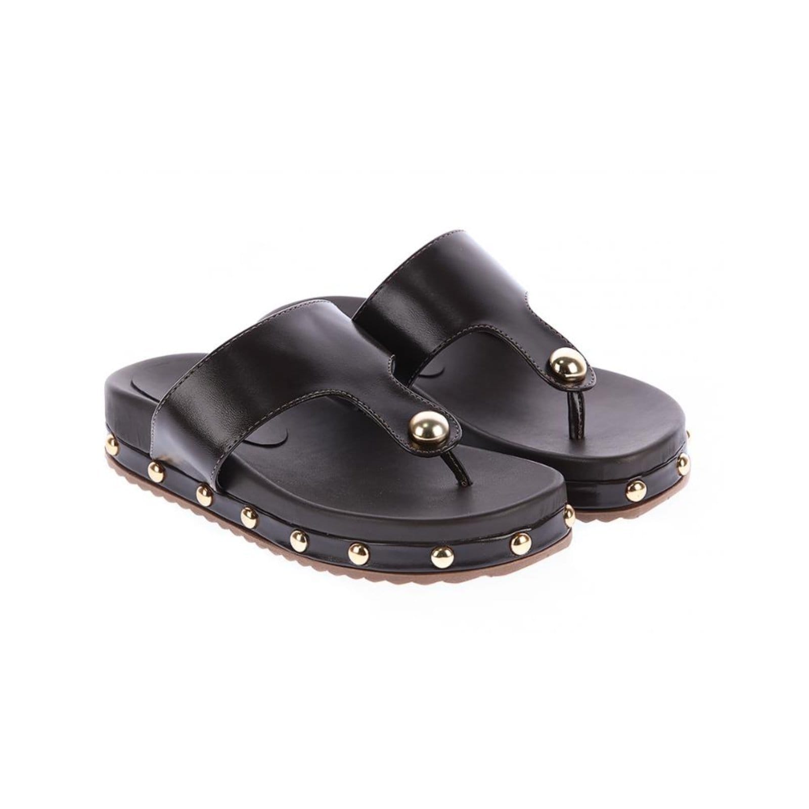 Vista 2 Francy - Sandália Flat Rasteira com Tachas Douradas Damannu Shoes marrom