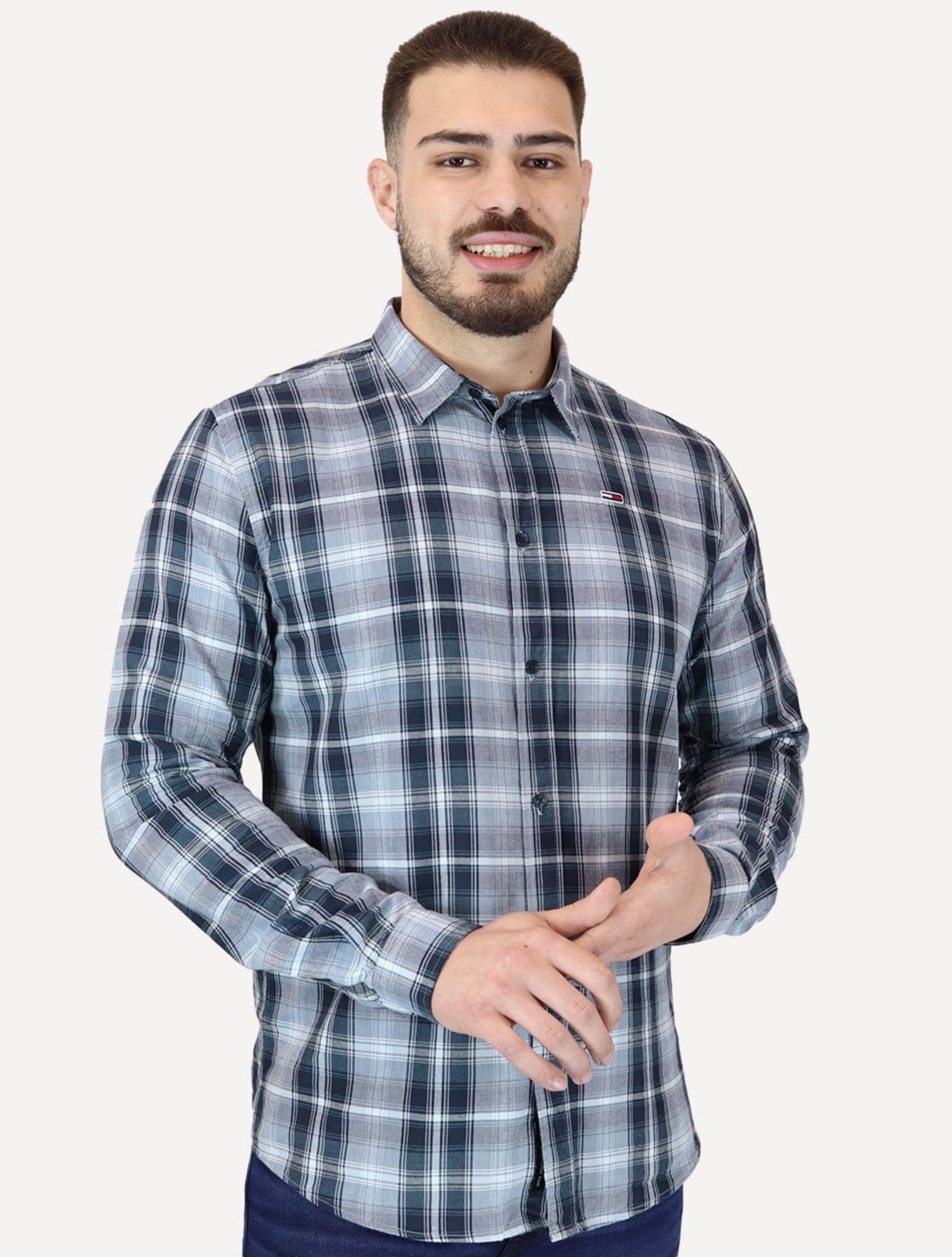 Vista principal Camisa Tommy Jeans Masculina Regular Poplin Xadrez Check Tommy Jeans azul