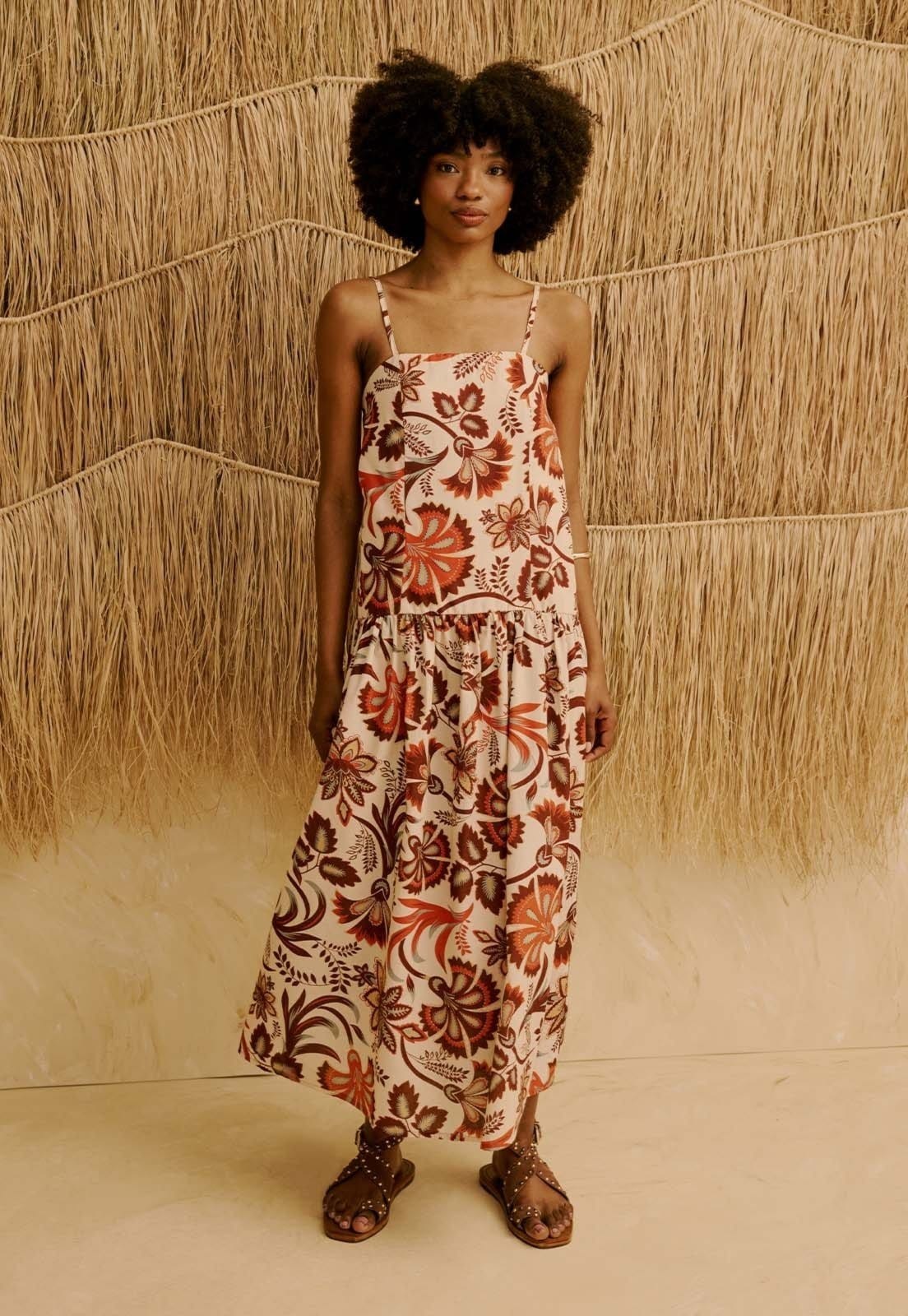 Vista principal Vestido Midi Estampado Tika CaCay marrom