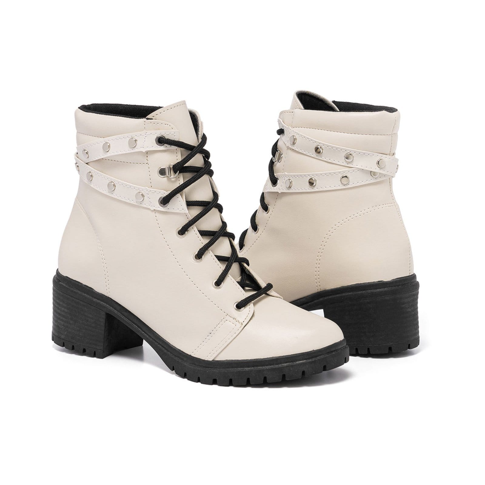 Vista 2 Bota Coturno Feminina Cano Baixo Tratorada Preto Confortável - Tachinhas Stessy Shoes off-white
