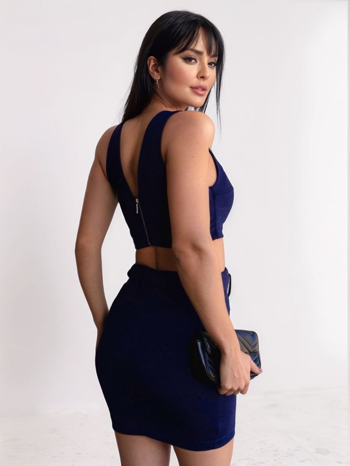 Vista 2 Conjunto Feminino Tropical Fashion Cropped Vazado Saia com Zíper TROPICAL FASHION azul marinho