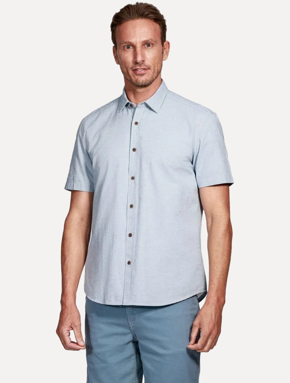 Vista principal Camisa Aramis Masculina Manga Curta Slim Falso Liso Belfort Mescla Aramis azul