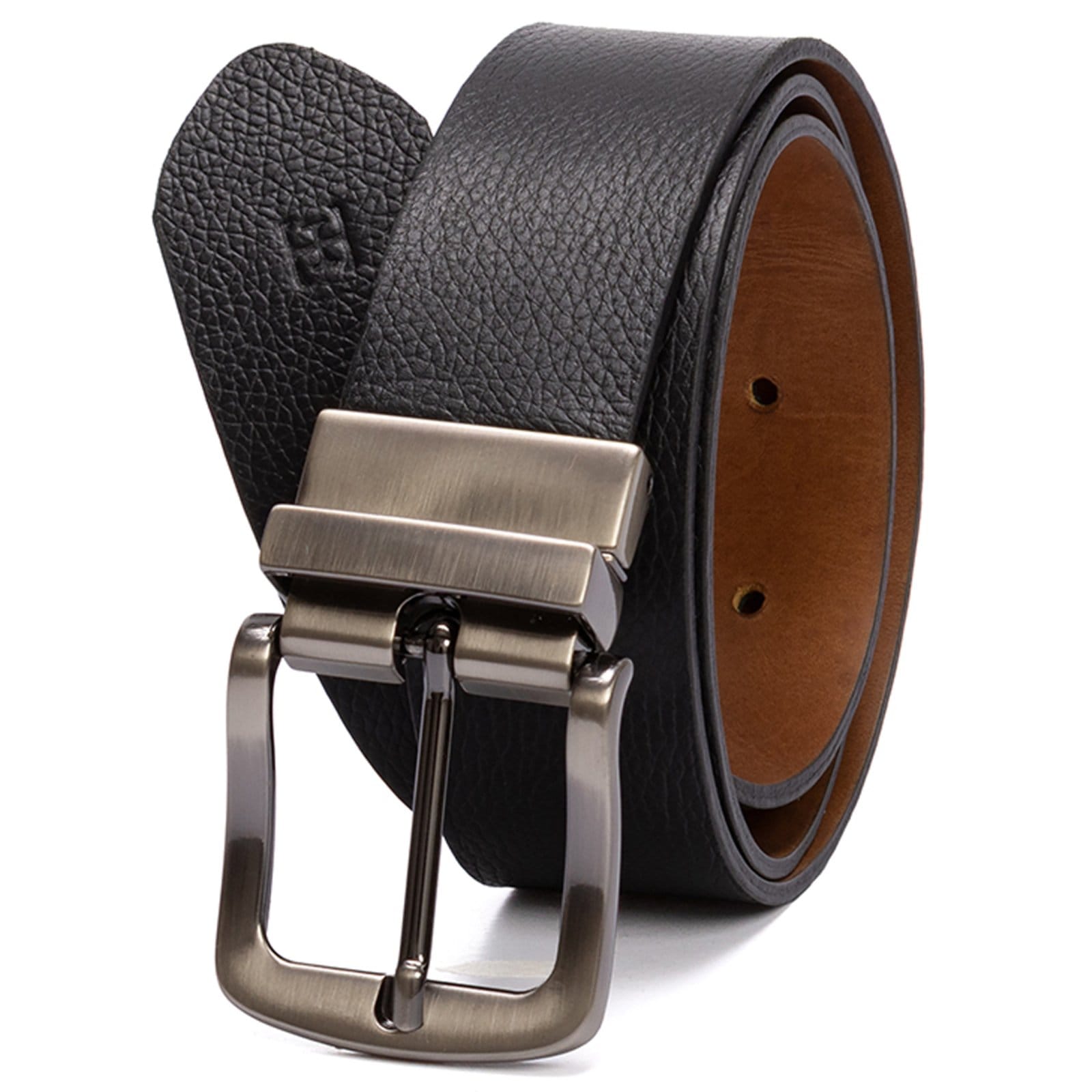 Cinto Masculino em couro dupla face na cor conhaque com fivela grafite escovado