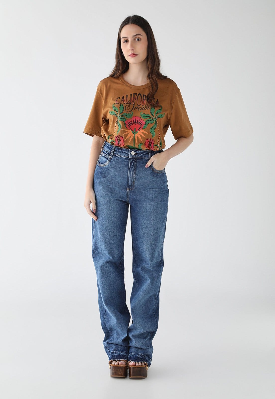 Vista 2 Calça Jeans Feminina Colcci Reta Cintura Alta Média Colcci azul