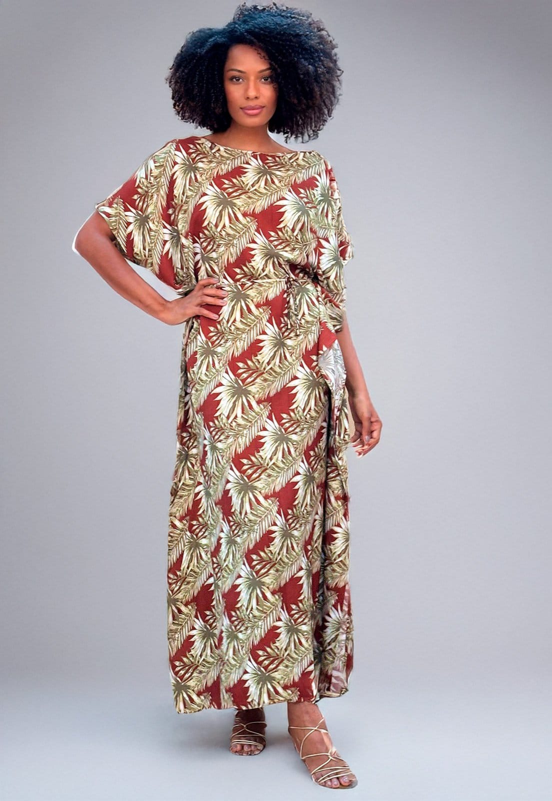 Vista principal Vestido Amazonia Vital Kaftan Viscose Longo Estampa Floresta de Outono Amazonia Vital dourado/estampado/floral