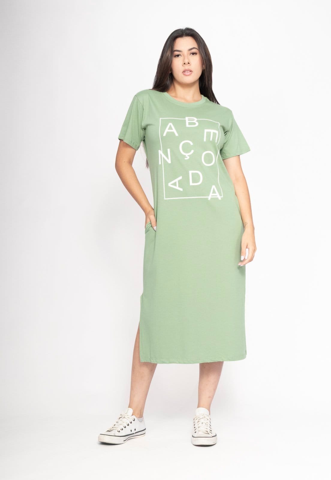 Vista 2 Vestido CabanaFree Midi Algodão Manga Curta Moda Evangélica Folha Serena Cabanafree verde