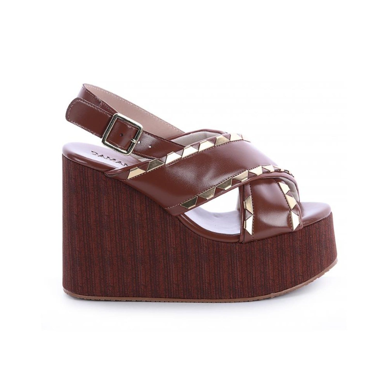Vista principal Sandália Meia Pata Tiras com Metais Duda Damannu Shoes caramelo