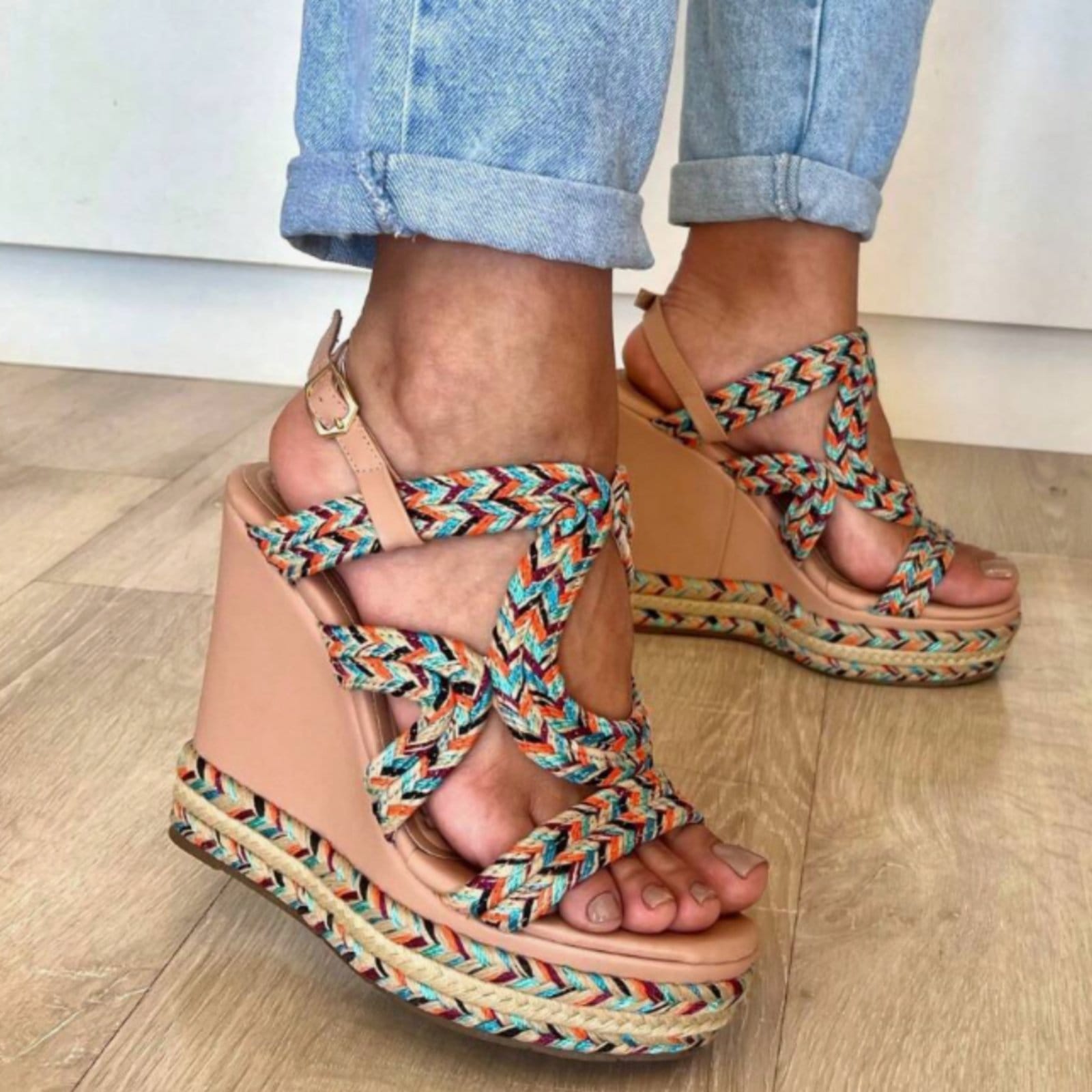 Vista 2 Sandália Colorida Cordão Plataforma Trançada 4012 Trançado Azul Flor da Pele bege azul