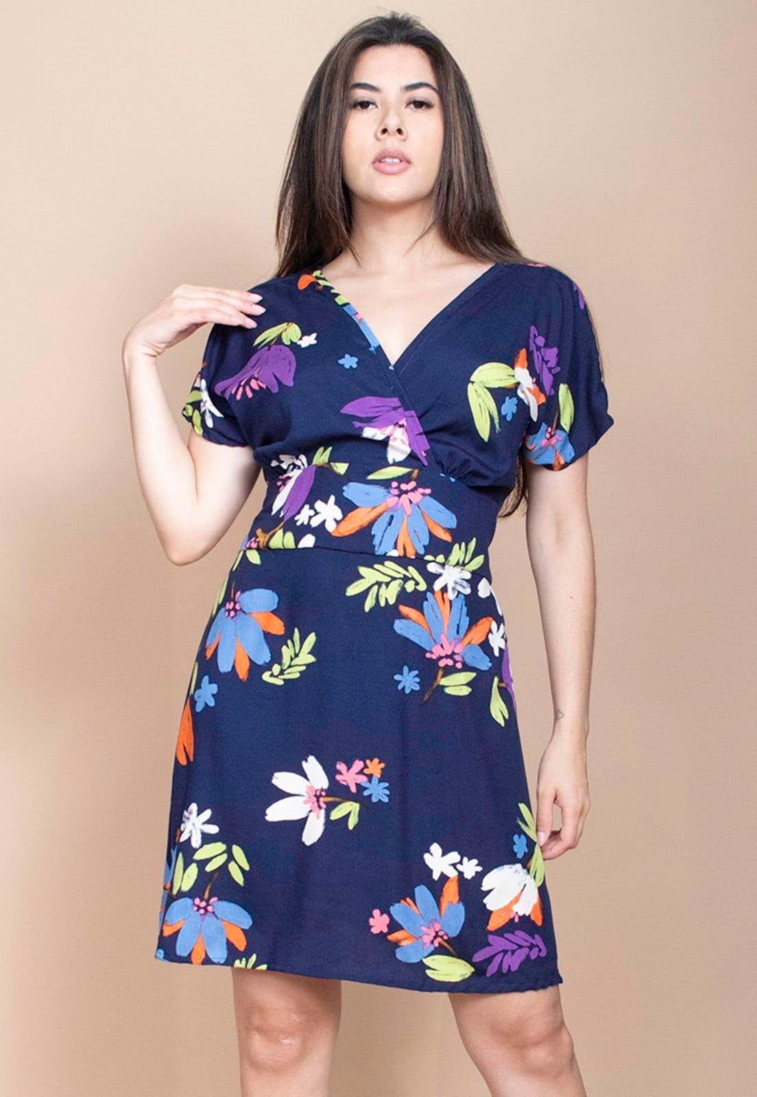 Vista 2 Vestido Cabanafree Curto Viscose Elastex nas Costas Estampa Festa das Flores Cabanafree azul/estampado/laranja/verde azul