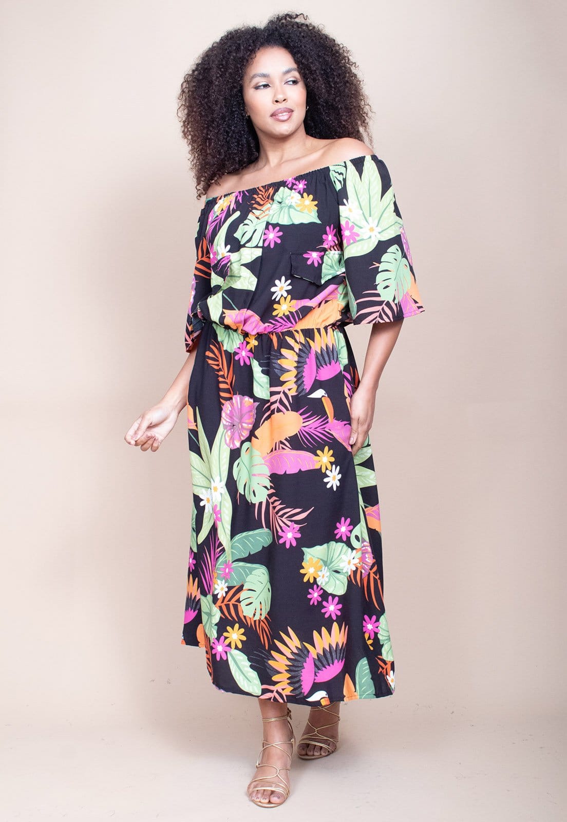 Vista 2 Vestido Midi Cabanafree Ciganinha Viscose com Lapela Estampa Noite Botânica Cabanafree estampado/rosa/verde