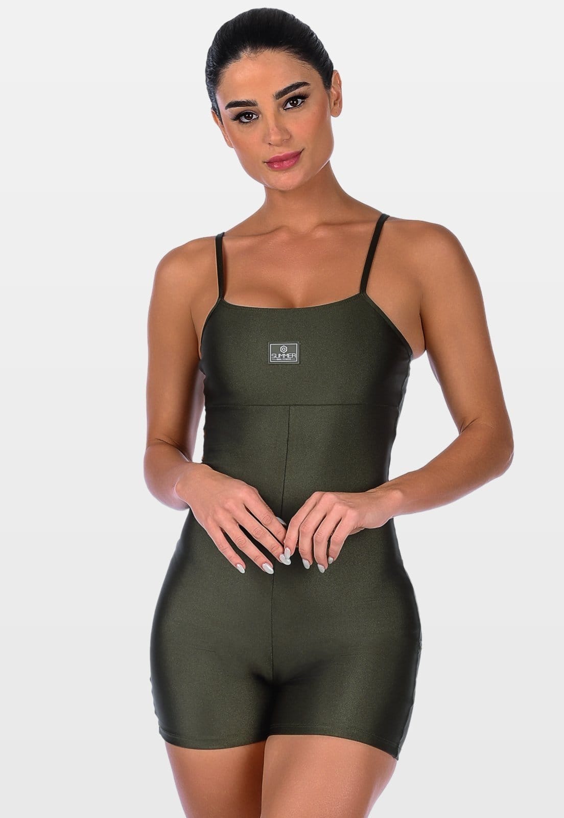 Vista principal Macaquinho Curto Fitness Alça Fina Cirrê Summer Soul Sem Bojo Summer Soul verde militar