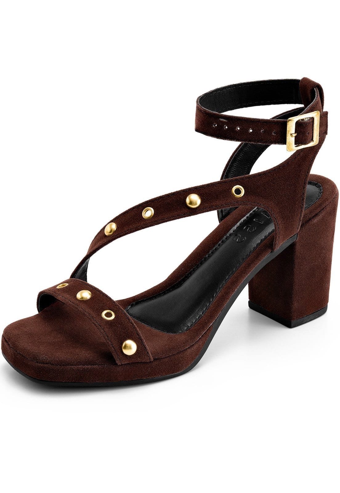 Sandália Feminina Lumiss Meia Pata Camurça Salto Alto Bloco Tachas Dourada