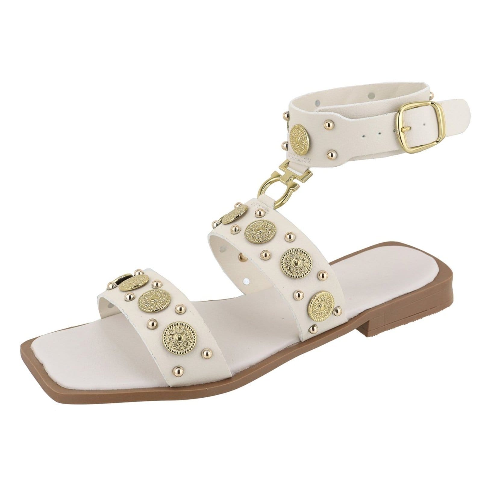 Rasteira Paula B Com Aplicações De Metais Dourados Estilosa E Amarração No Tornozelo Off White