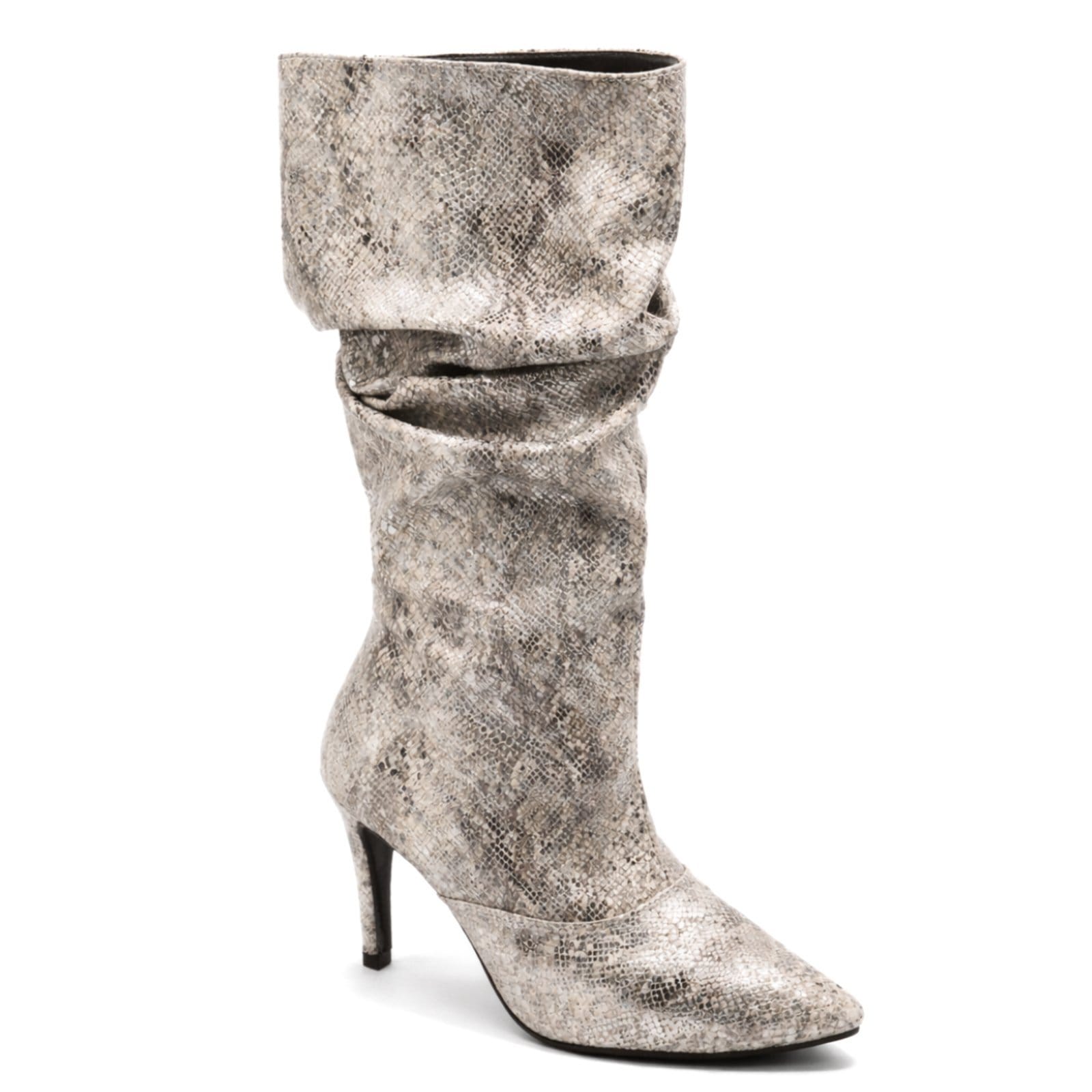 Vista principal Bota Feminina Slouchy Enrugada Salto Fino Luxo 1714 Snake Metalizado Flor da Pele prata