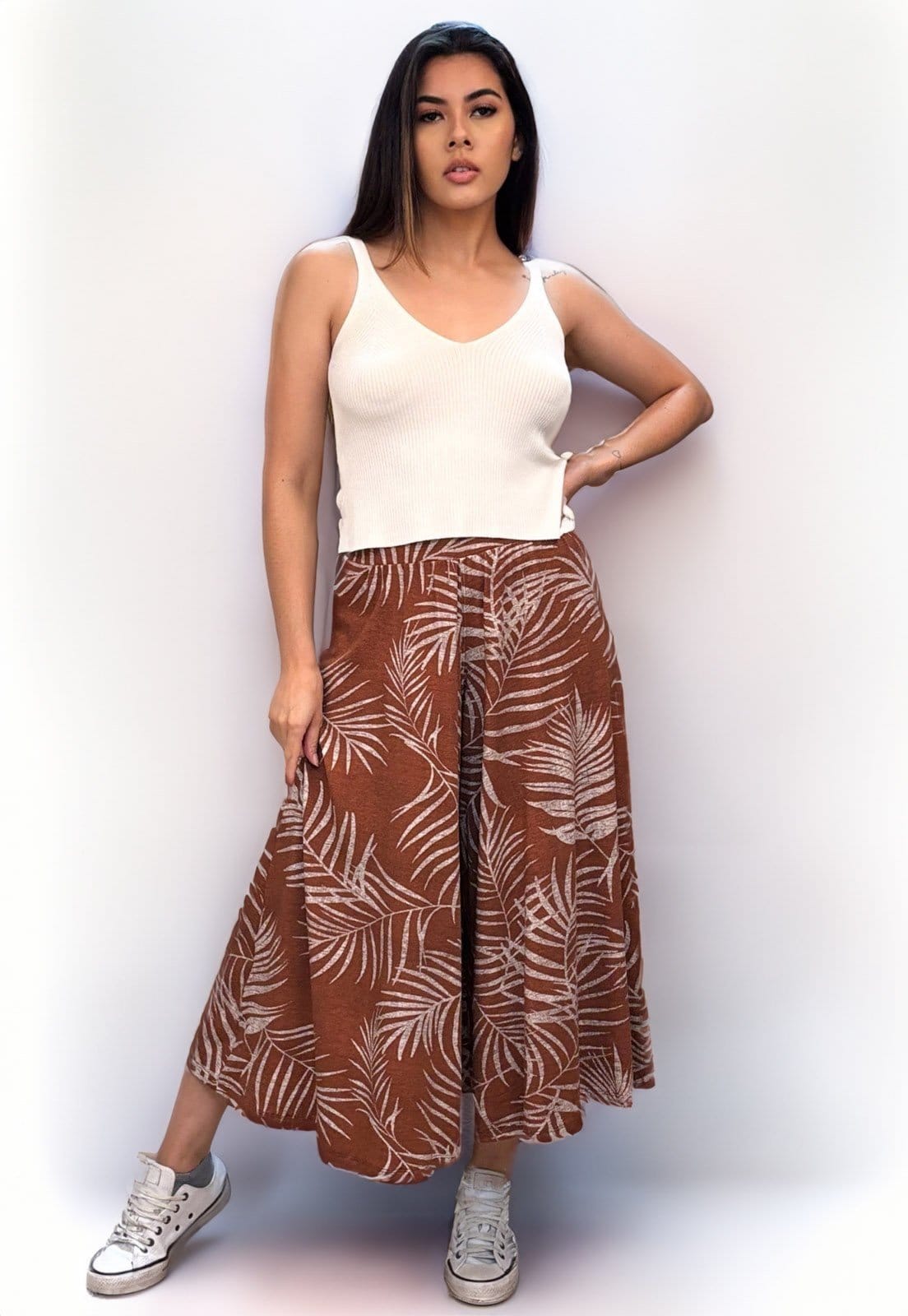 Calça Pantacourt Cabanafree Saia Malha Macaúba Estampa Palmas Terra