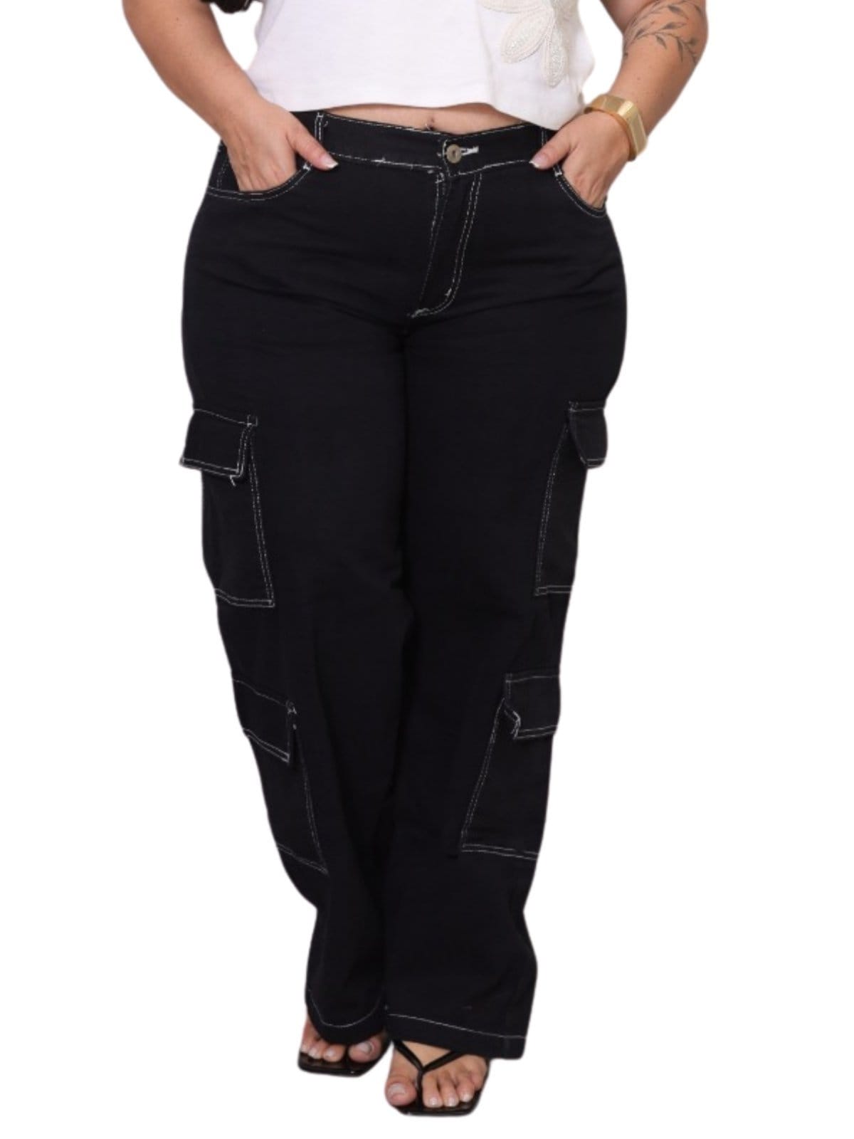 Vista 2 Calça Feminina Plus Size Jeans Light Super Cargo 4 Bolsos Costura Invertida Branca JEANS LIGHT preto