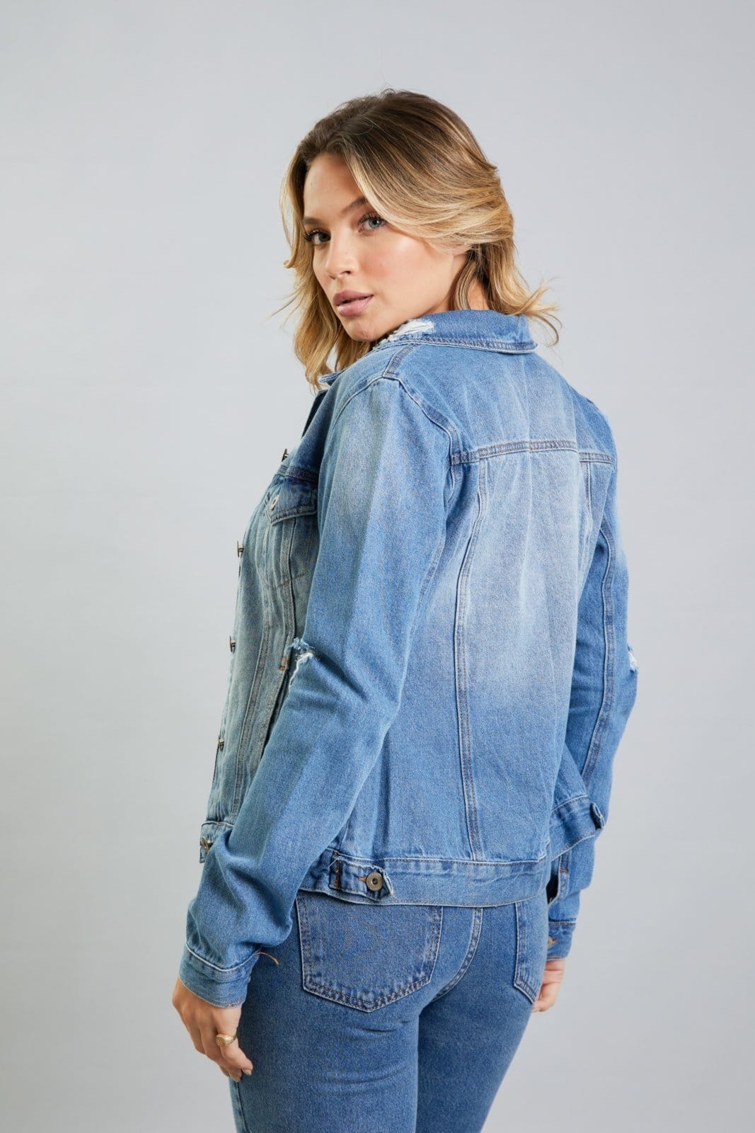 Vista 2 Jaqueta Jeans Feminina Tradicional Destroyed Lemier LEMIER azul