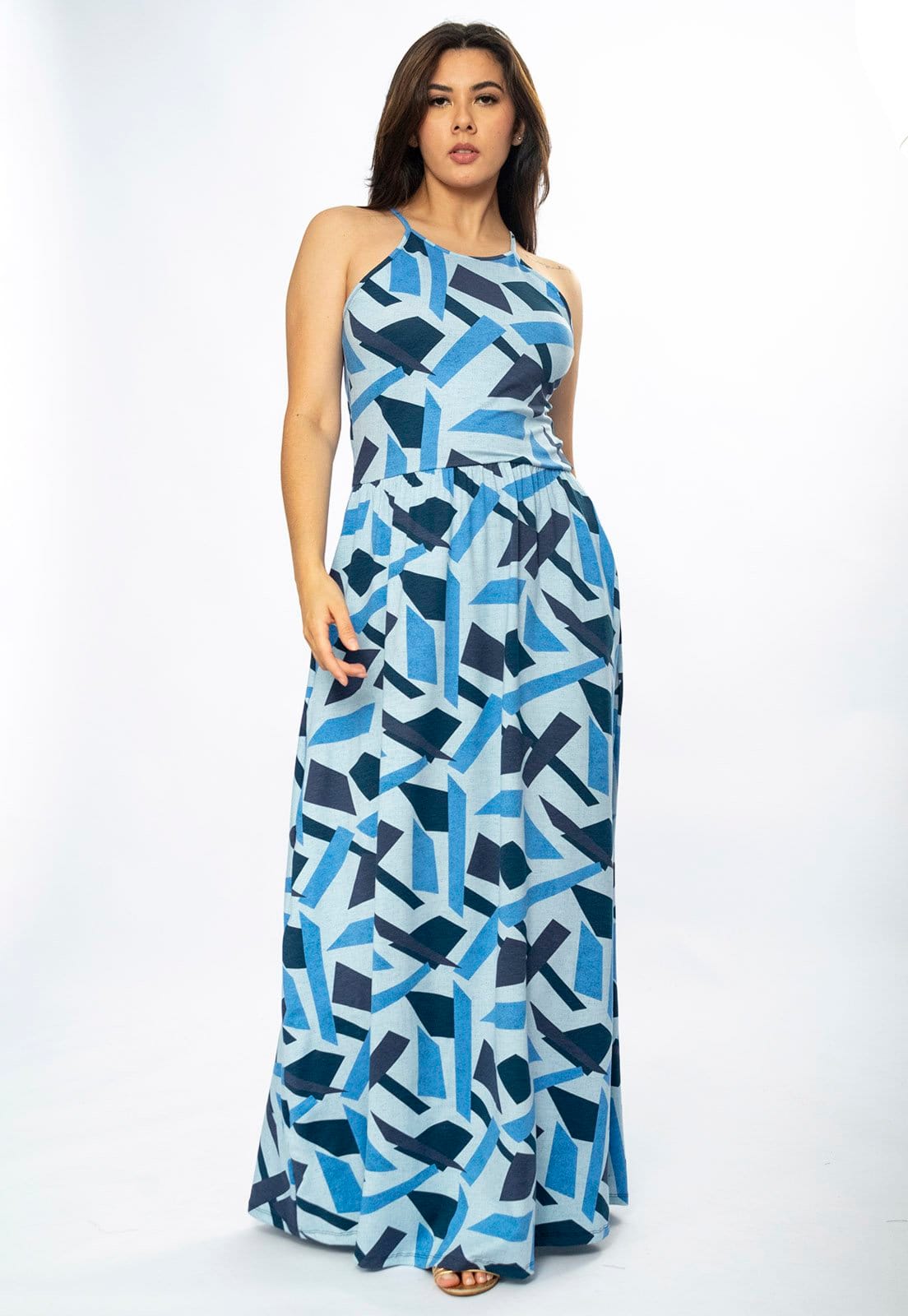 Vista 2 Vestido Amazônia Vital Longo Jennifer Malha Trapézio com Bolso Caminhos de Azul Amazonia Vital azul marinho/estampado