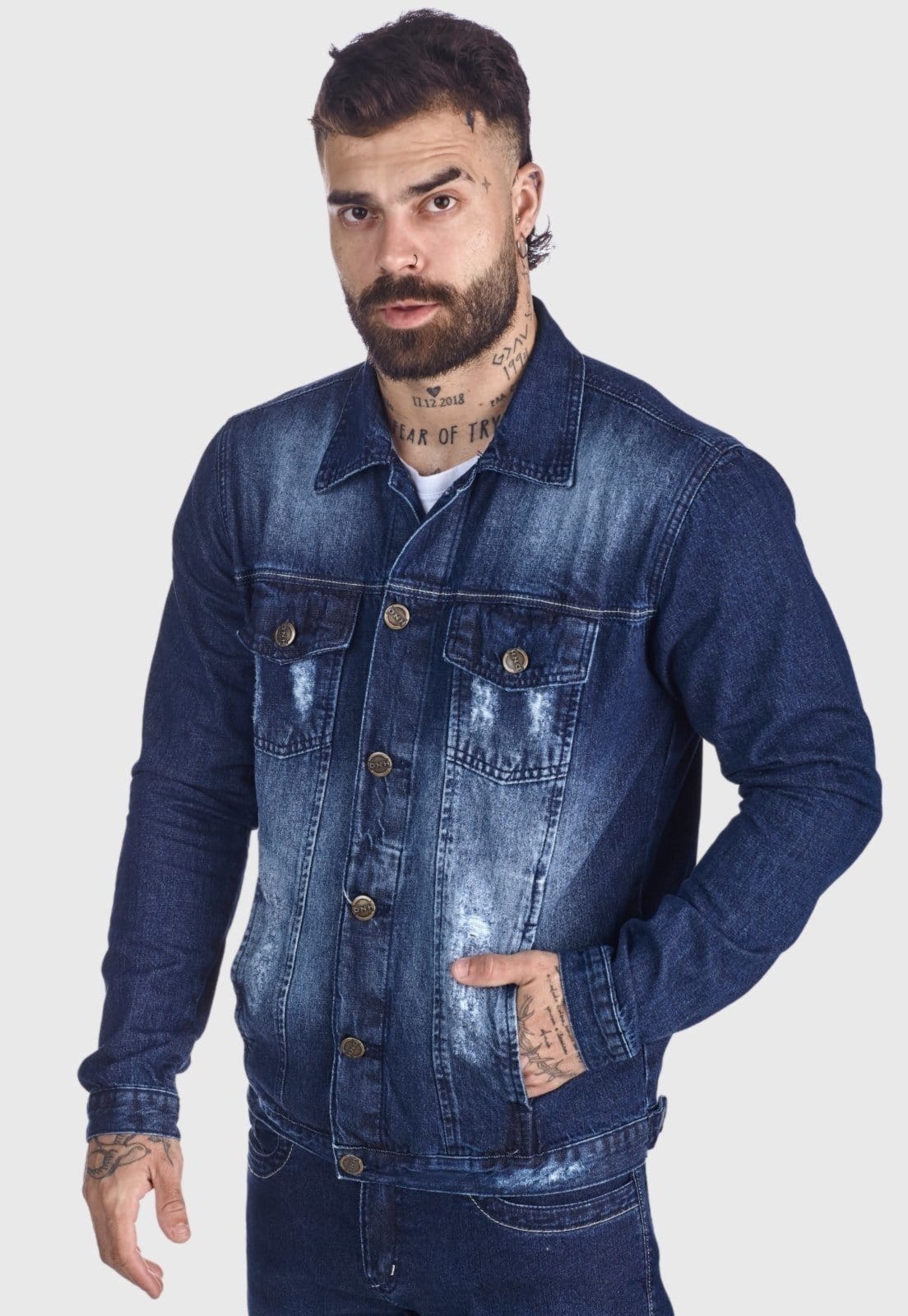 Vista principal Jaqueta Jeans HNO Jeans Premium Leve Destroyed Used HNO Jeans azul