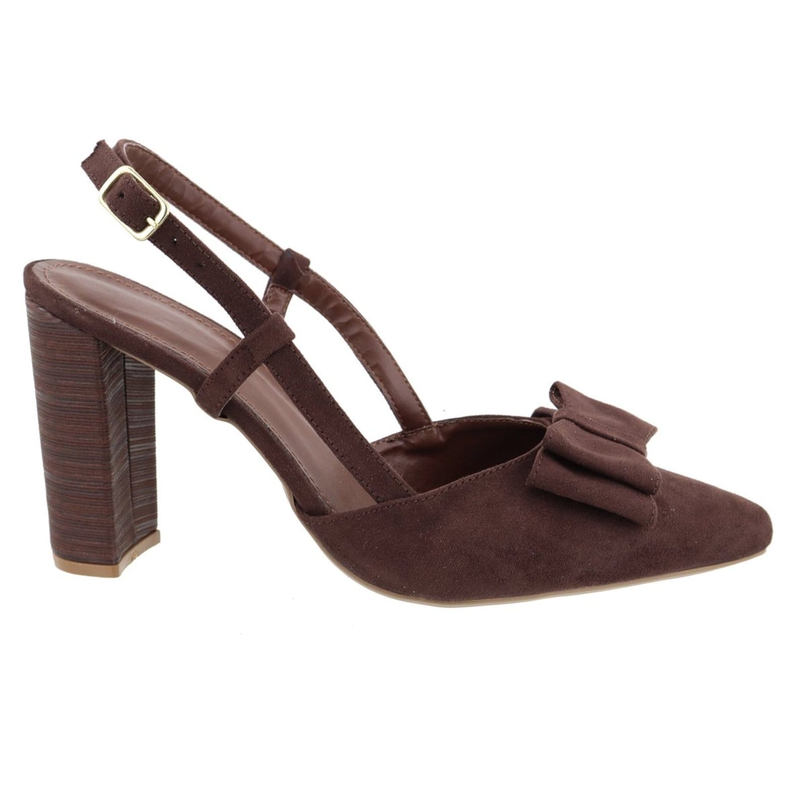 Vista 2 Scarpin Slingback Laço em Camurça Terra Inveno 5501 Salto Bloco Madeira Sete Sales marrom
