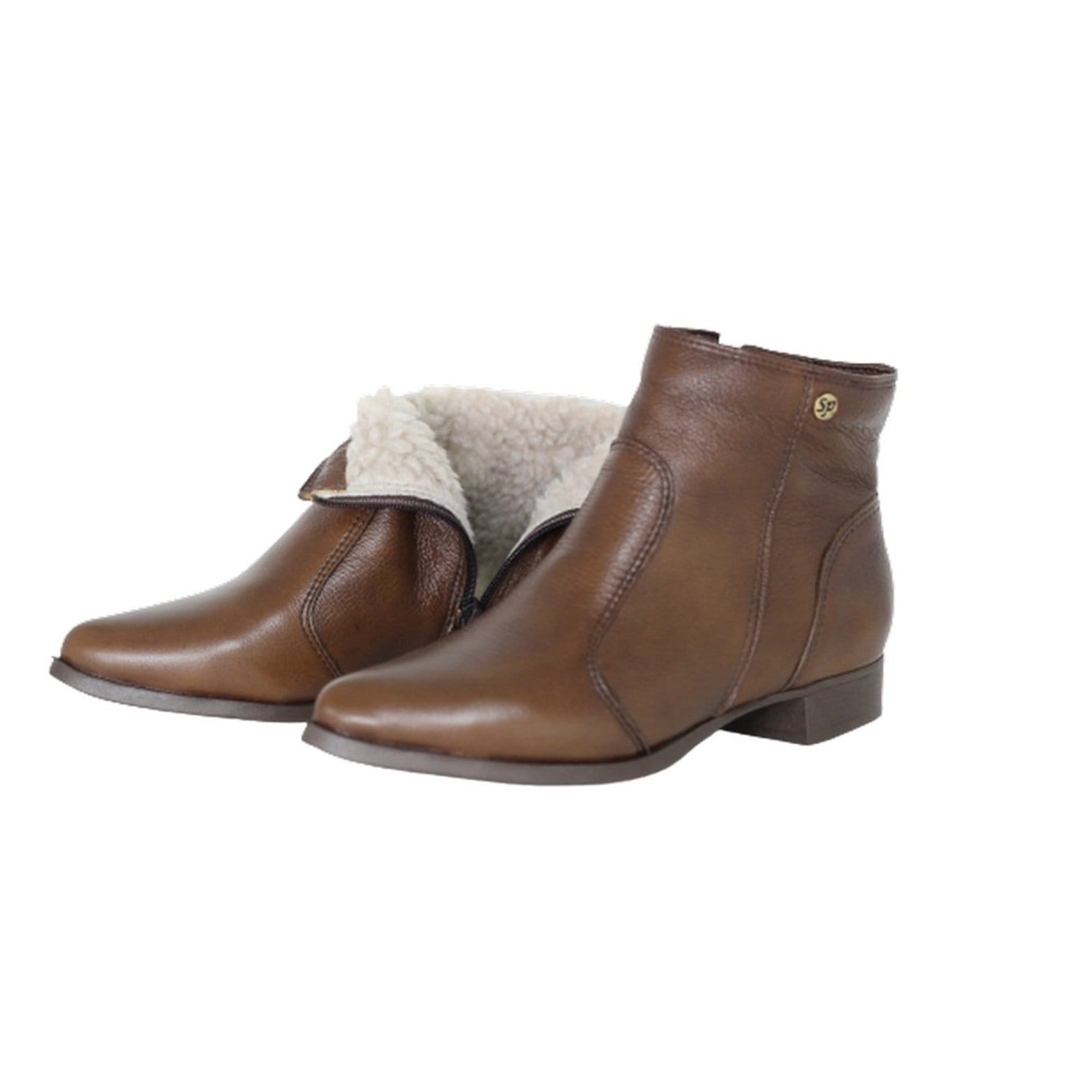 Vista principal Bota Cano Curto Lã Sintética Couro Salto 2 CM Camel Spinelli caramelo