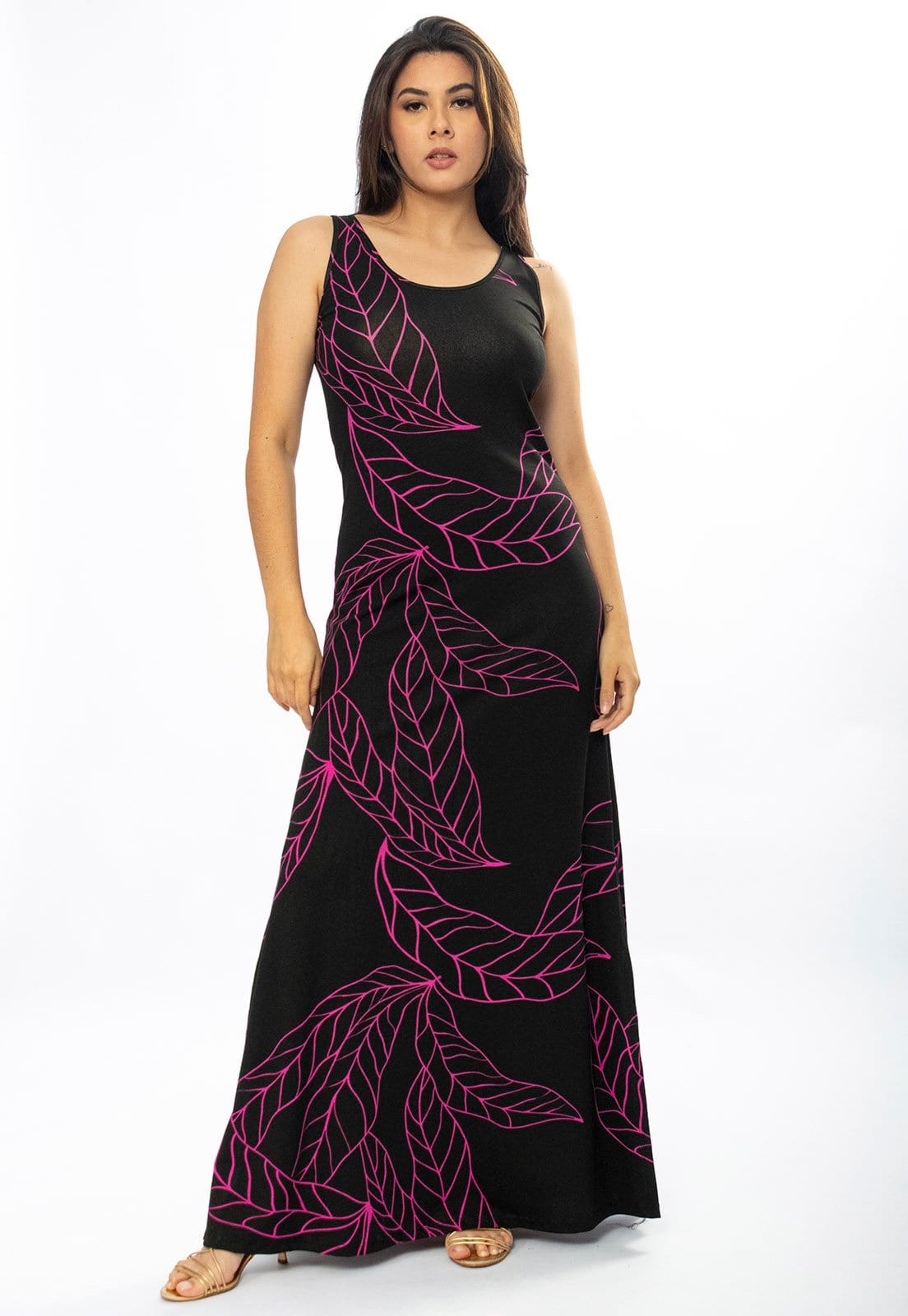 Vista 2 Vestido Longo Cabanafree Butiá Malha Regata Estampa Antúrios Cabanafree estampado/lilás/pink