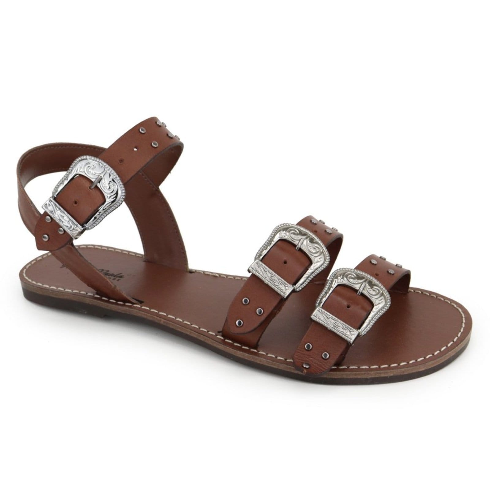 Vista 2 Sandália Rasteira Fivelas Country Feminina em Couro Maria Paula Cedro MARIA PAULA café