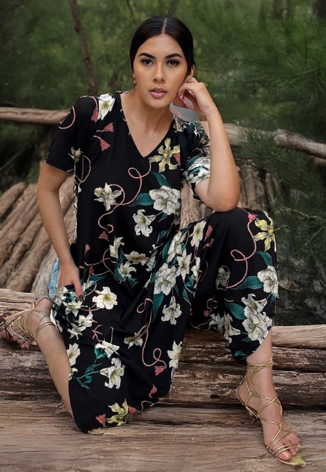 Macacão Saruel Malha Pantacourt com Manga Estampa