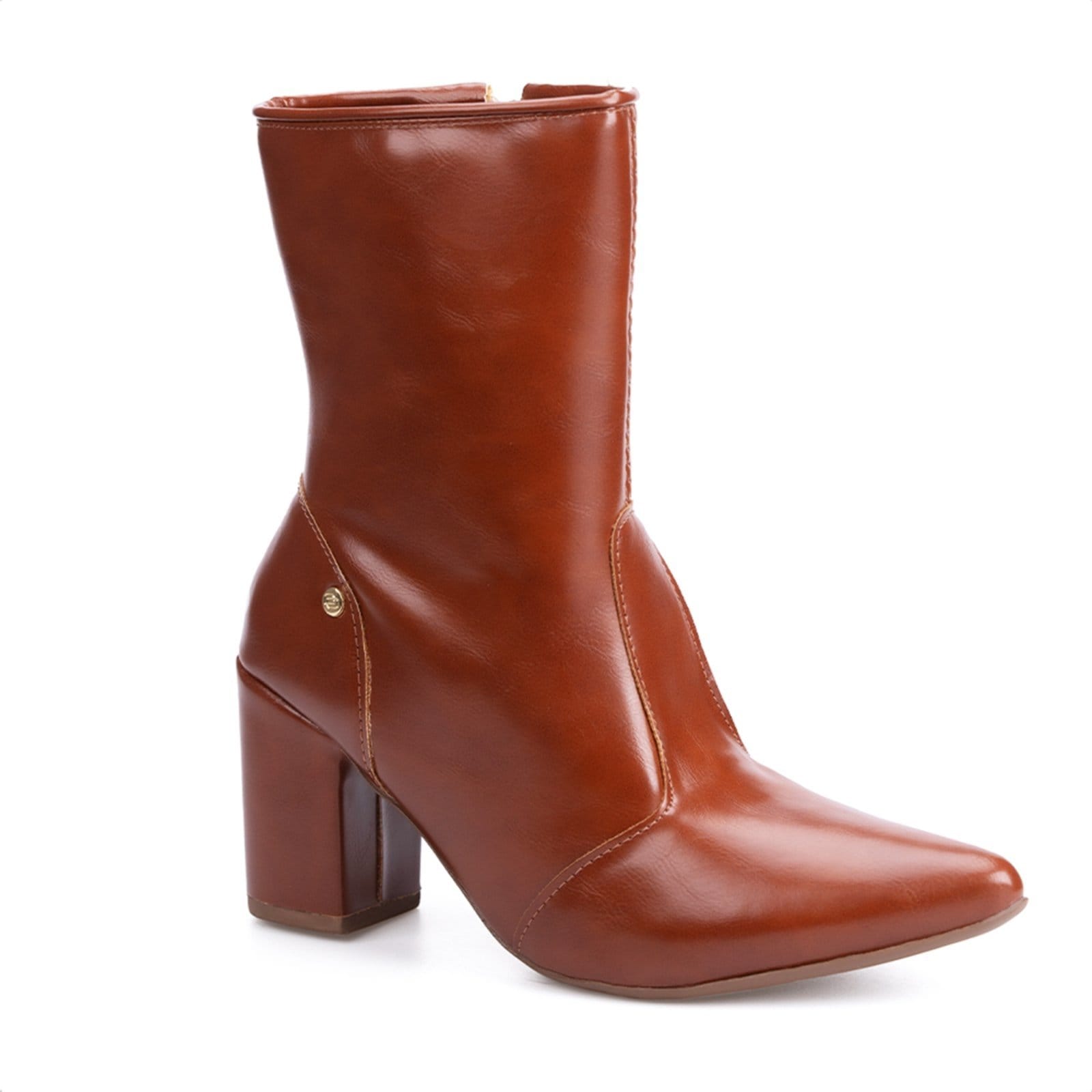 Vista principal Bota Social Domidona Feminina Cano Curto Salto Alto Bloco Bico Fino Domidona caramelo