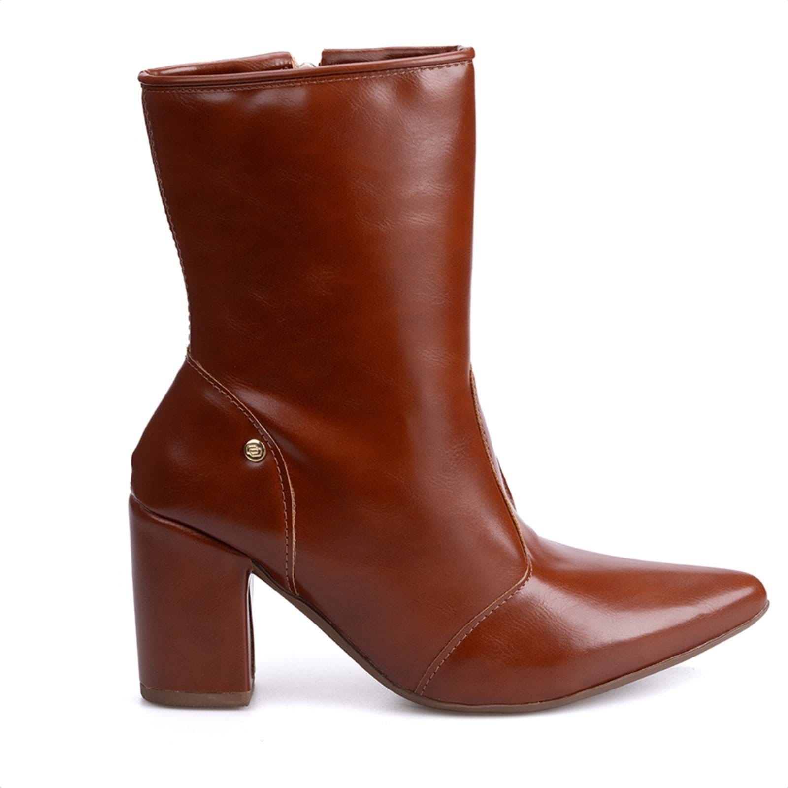 Vista 2 Bota Social Domidona Feminina Cano Curto Salto Alto Bloco Bico Fino Domidona caramelo