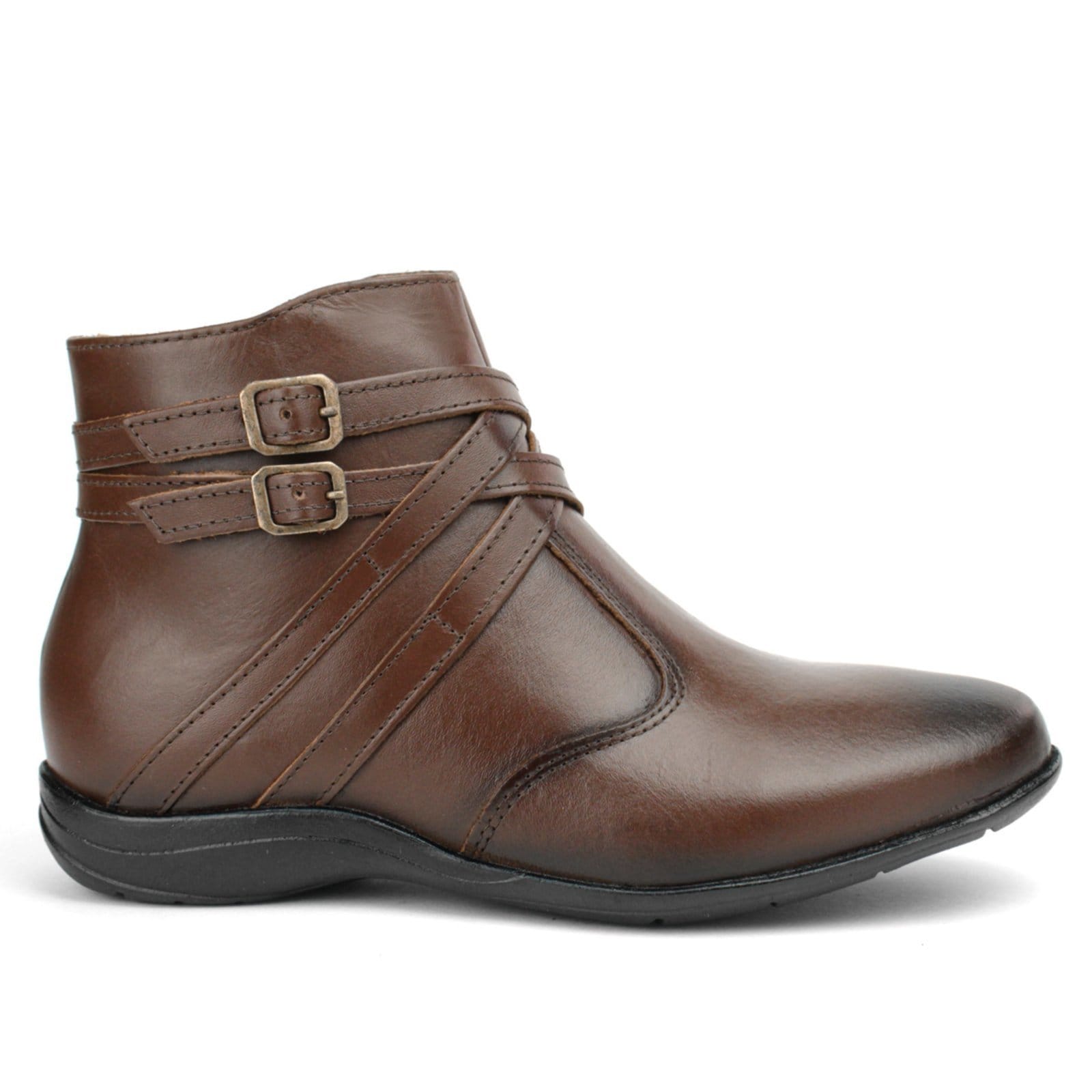 Vista 2 Bota Casual Couro Feminina Solado Rasteiro Cano Curto Zíper Lateral Tiras Fivela Pinhão FRANCA GRIFFE marrom