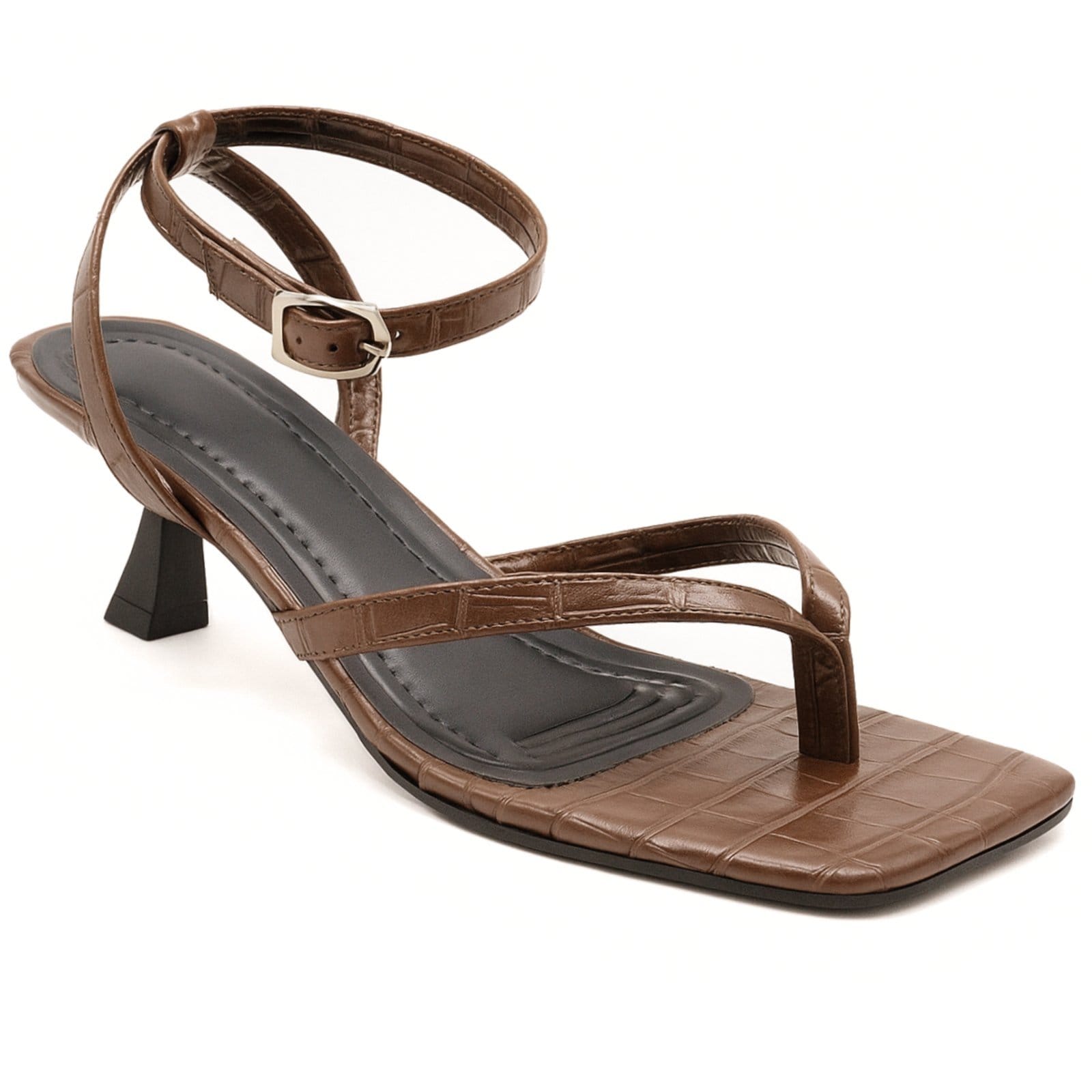 Vista principal Sandáilia Feminina De Dedo Salto Baixo Fino 5412 Croco Cacau Sete Sales marrom