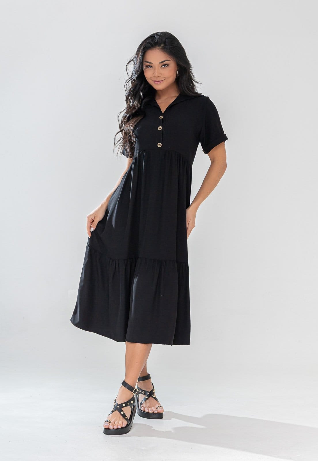 Vista principal Vestido Aura Chemise Rafaela Sarja Liso Aura preto